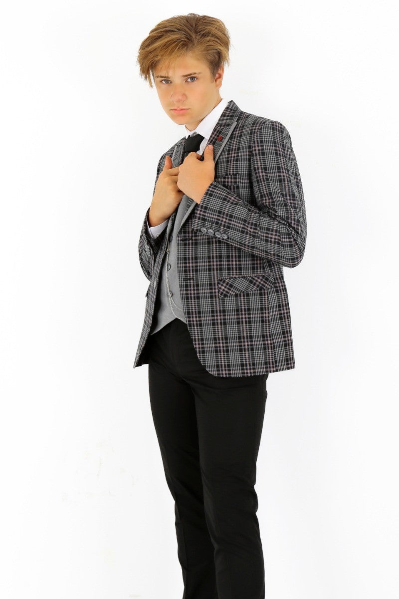 Boys Plaid Check Slim Fit Suit - Black - Grey