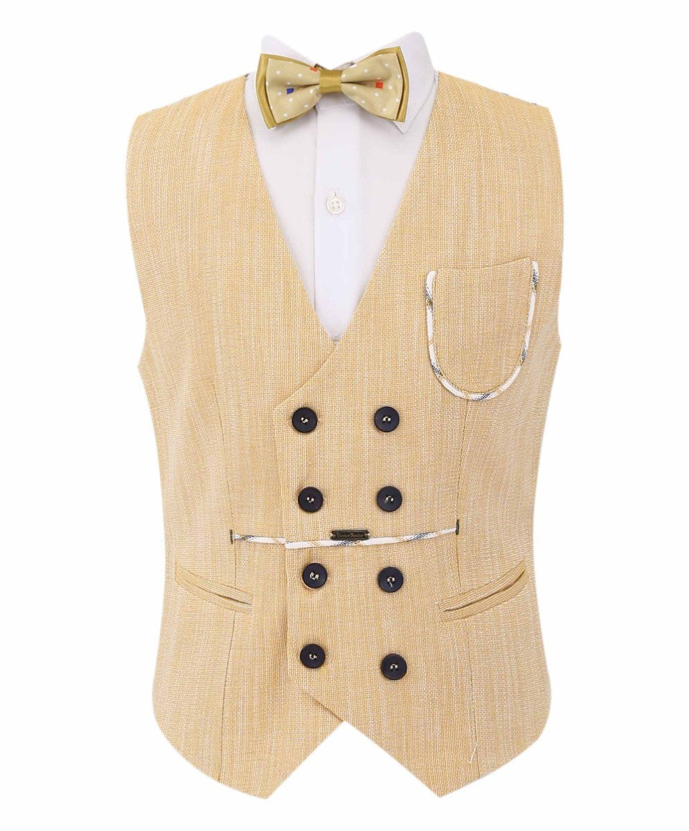 Boys Check Blazer and Double-breasted Waistcoat Suit Set - Mustard