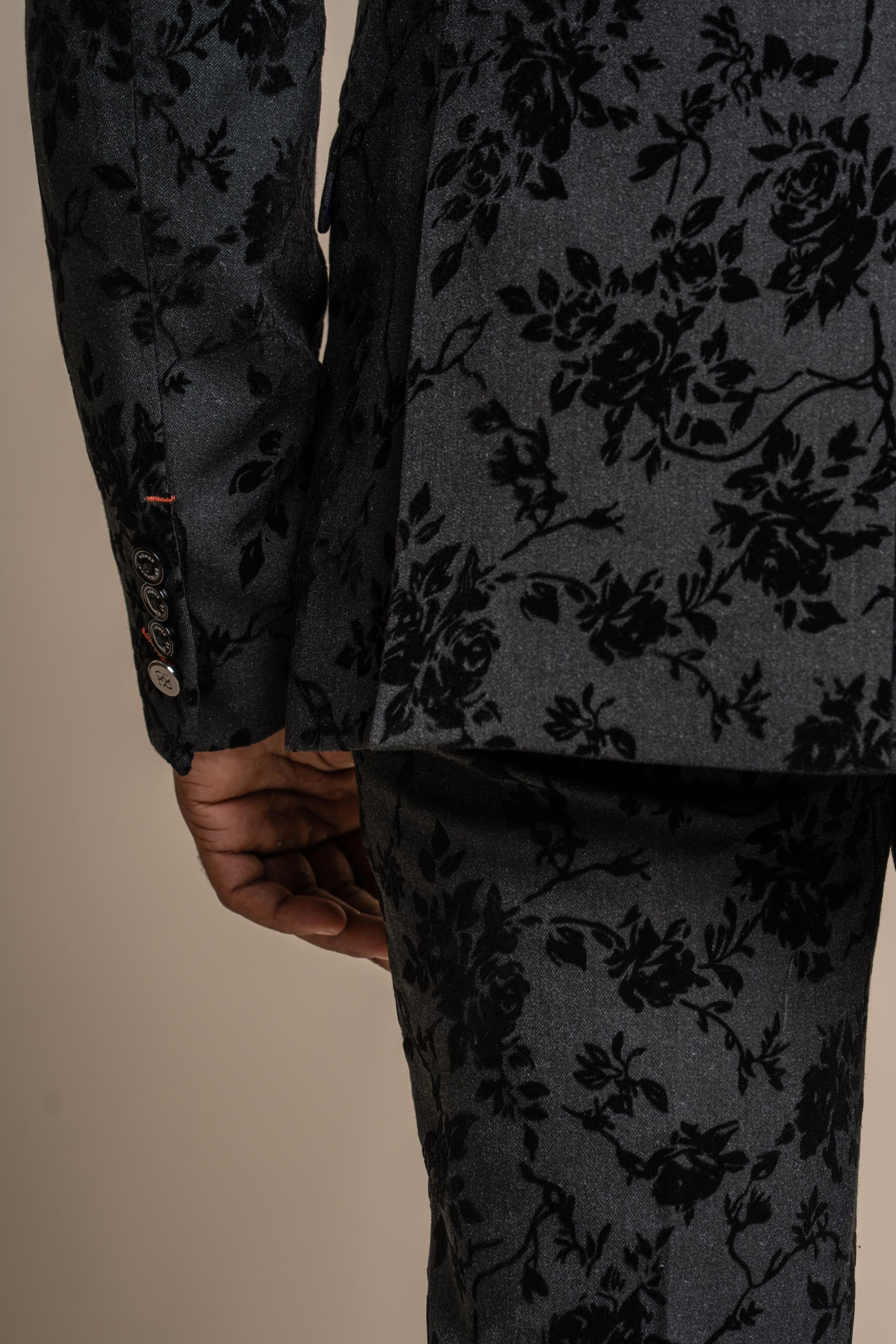 Men's Black Velvet Floral Embroidered Suit Jacket - GEORGI - Black