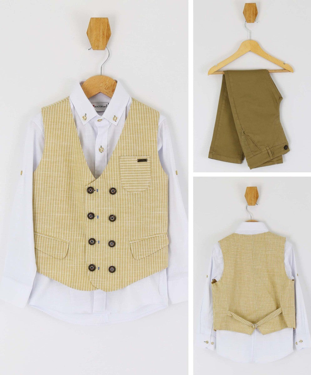 Boys Cotton Linen Pinstrip Waistcoat Suit Set - Khaki Green