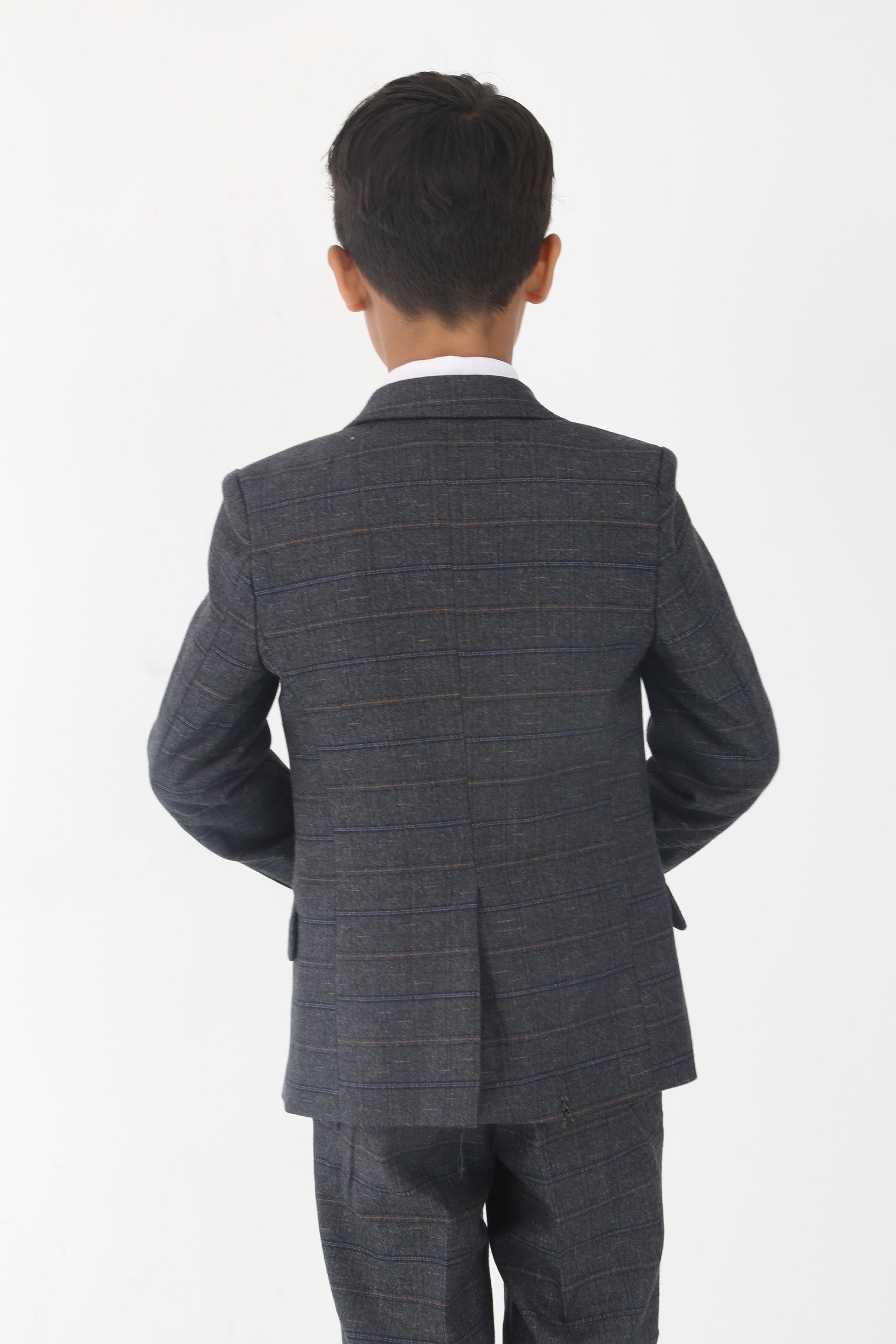 Boys Tweed Like Check Tailored Fit Formal Suit Set - Charcoal Grey