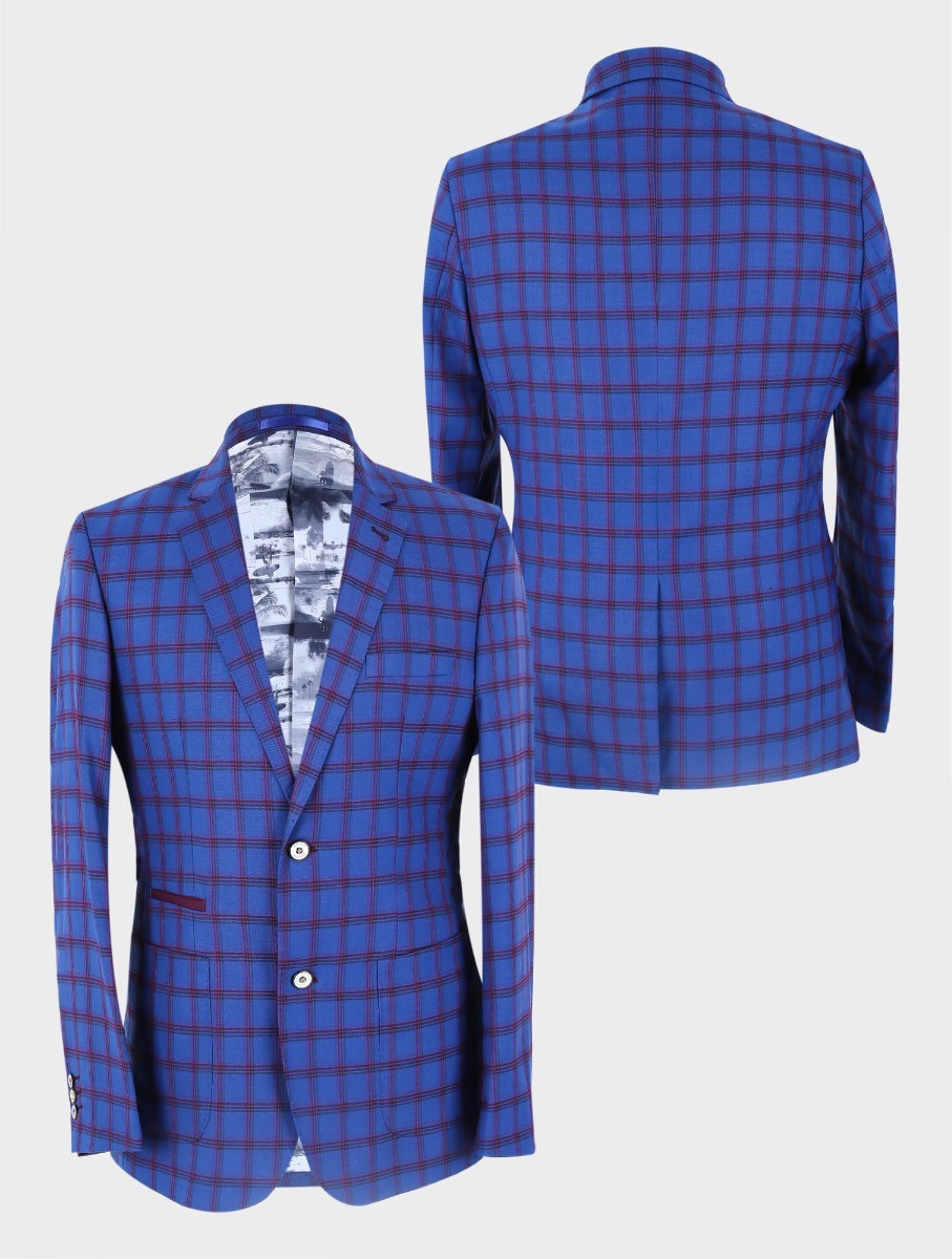 Men's Slim Fit Windowpane Check Blazer - COSTELLO - Navy Blue