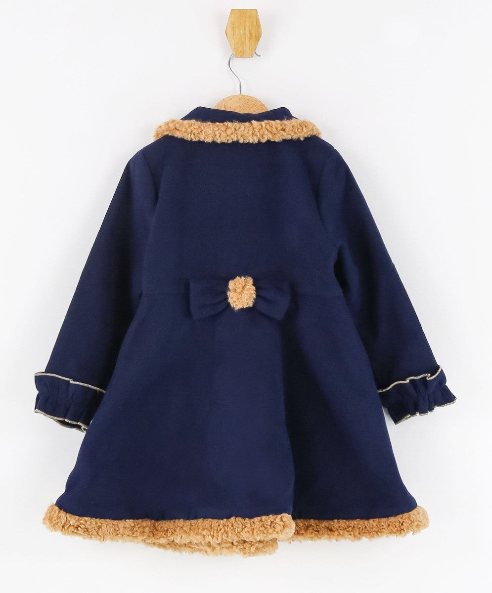 Girls Double-breasted Mid-Length Felted Wool Coat Set - Navy Blue