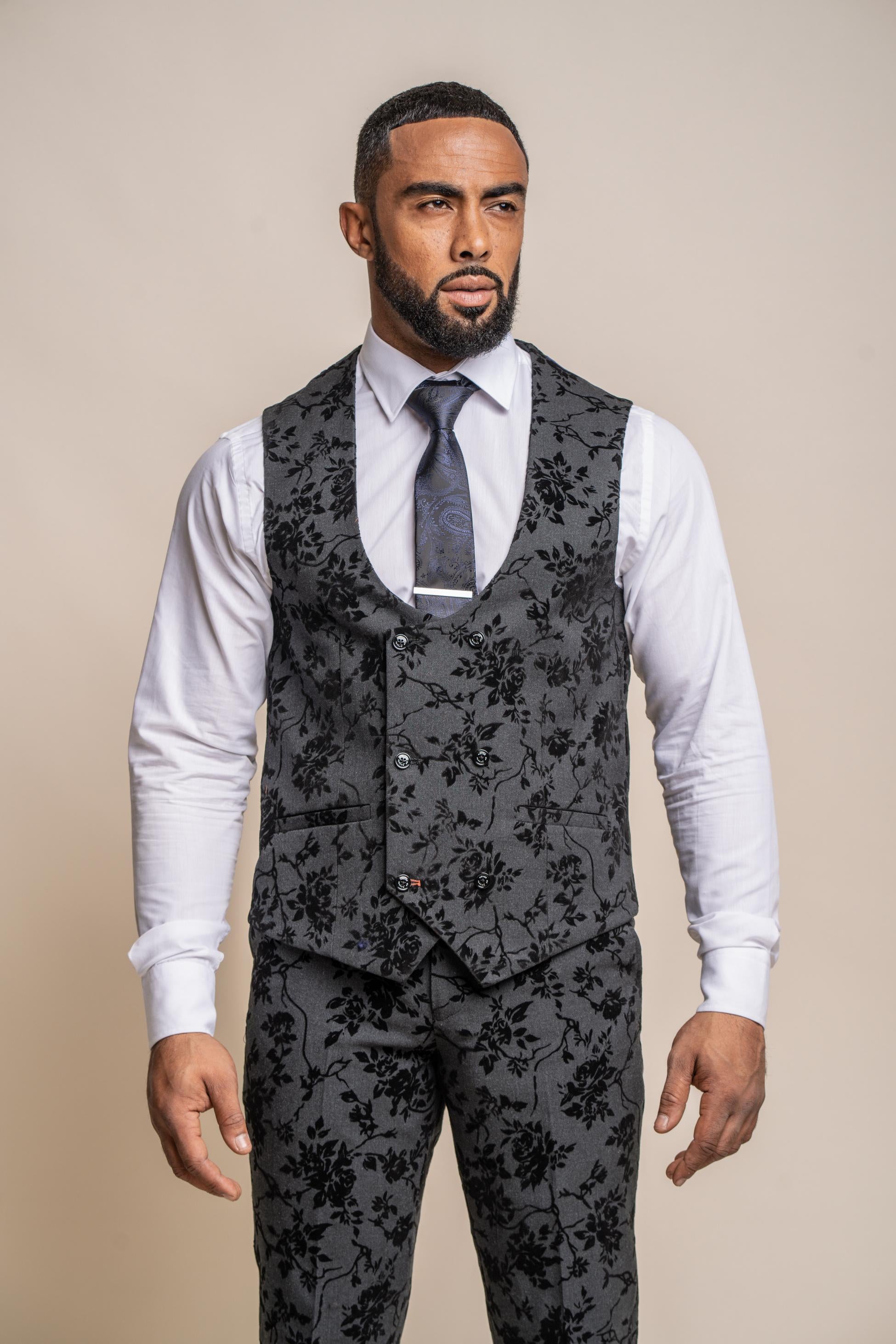 Men's Black Velvet Floral Embroidered Suit- GEORGI - Black