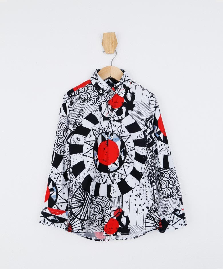 Boys Zen Doodle Printed Fashion Shirt - White- Red