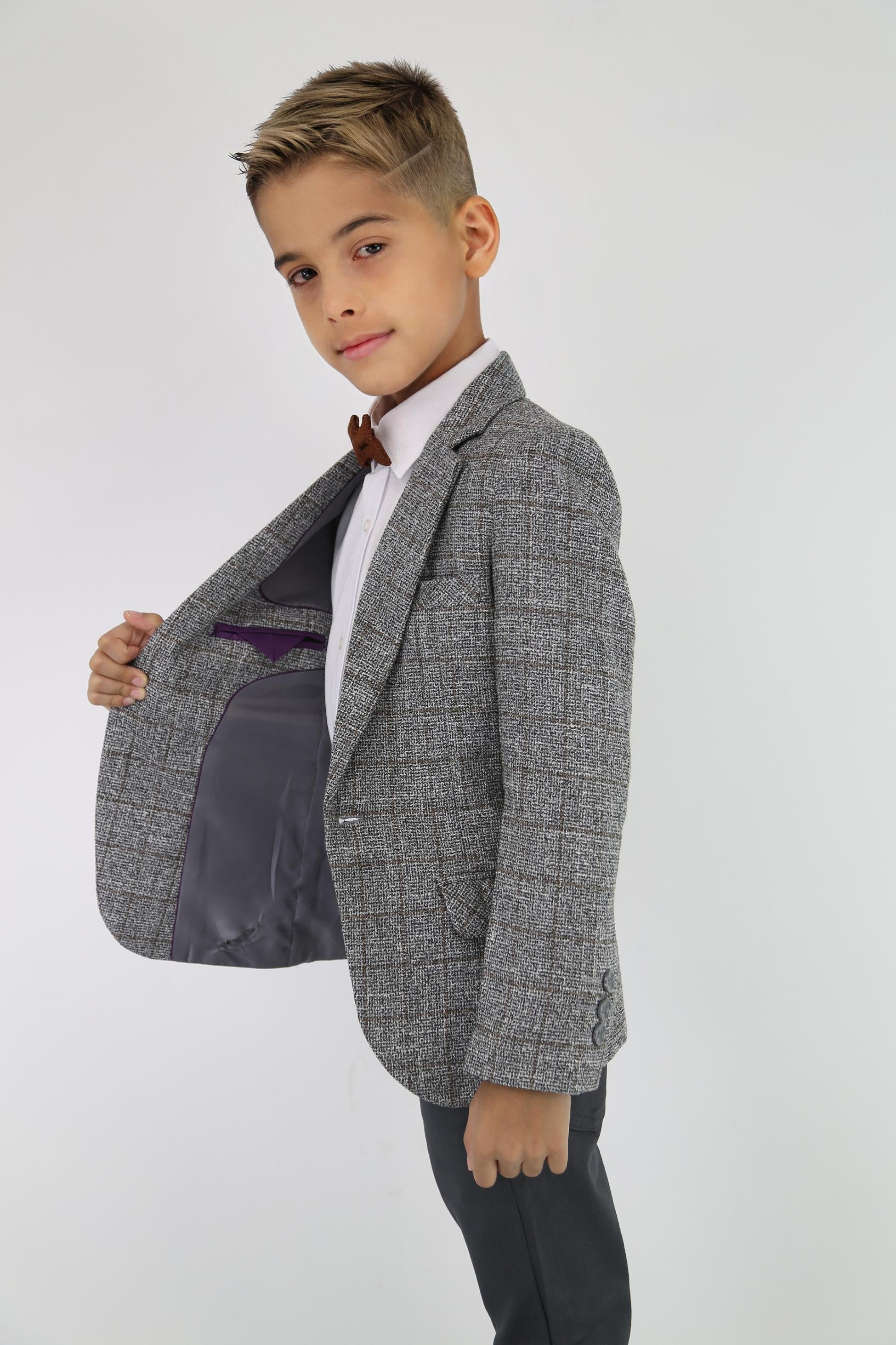 Boys Cotton Blend Tweed Like Check Blazer - Grey