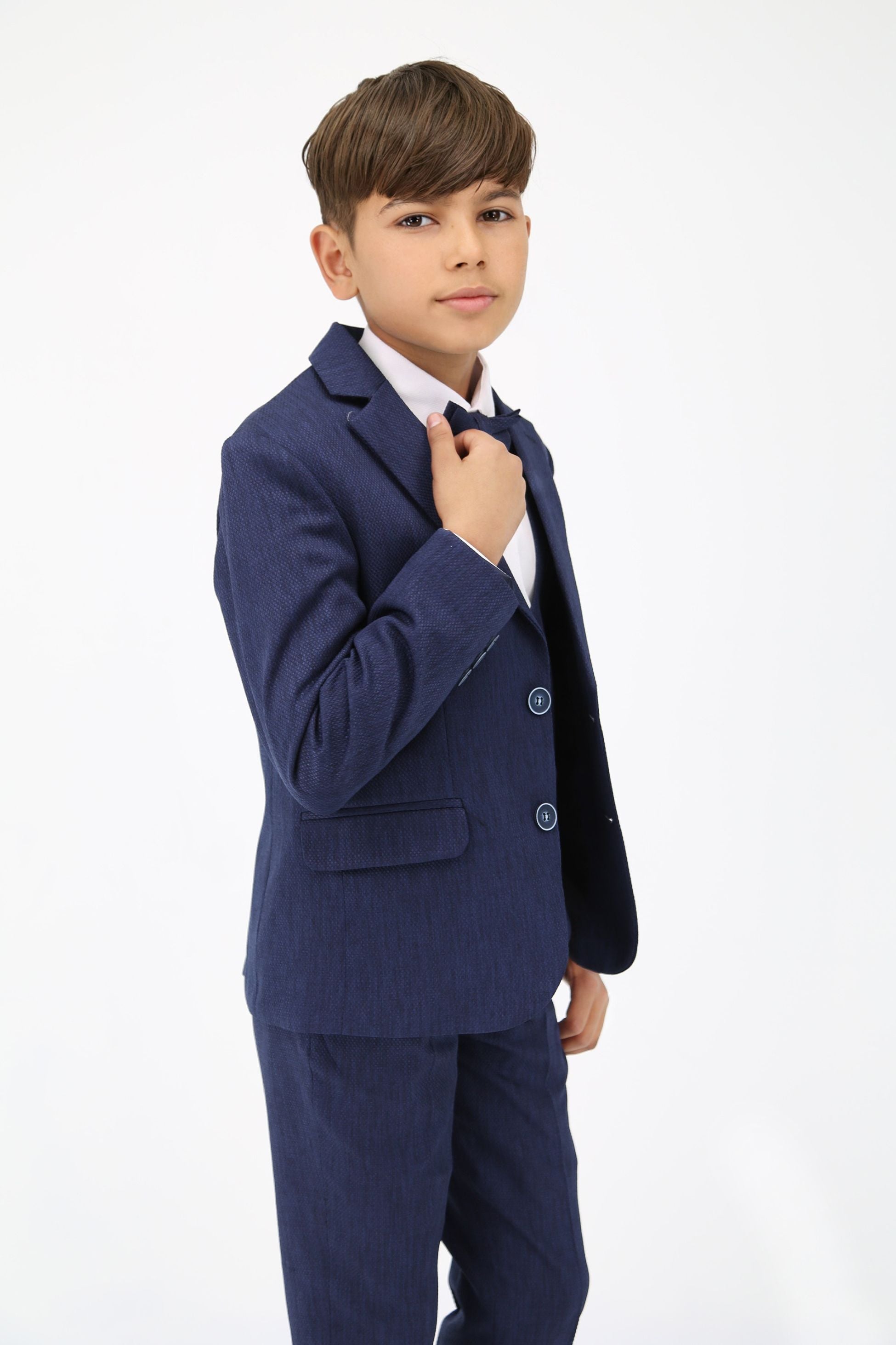 Boys' Slim Fit Self-Patterned 5 PC Suit Set - Navy