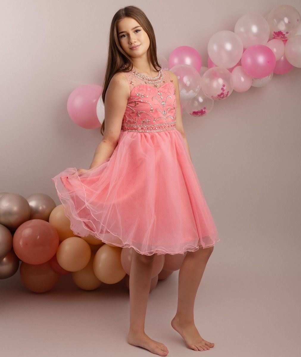 Girls Tulle Dress with Sequin Embellishments - LOLA - Coral Pink