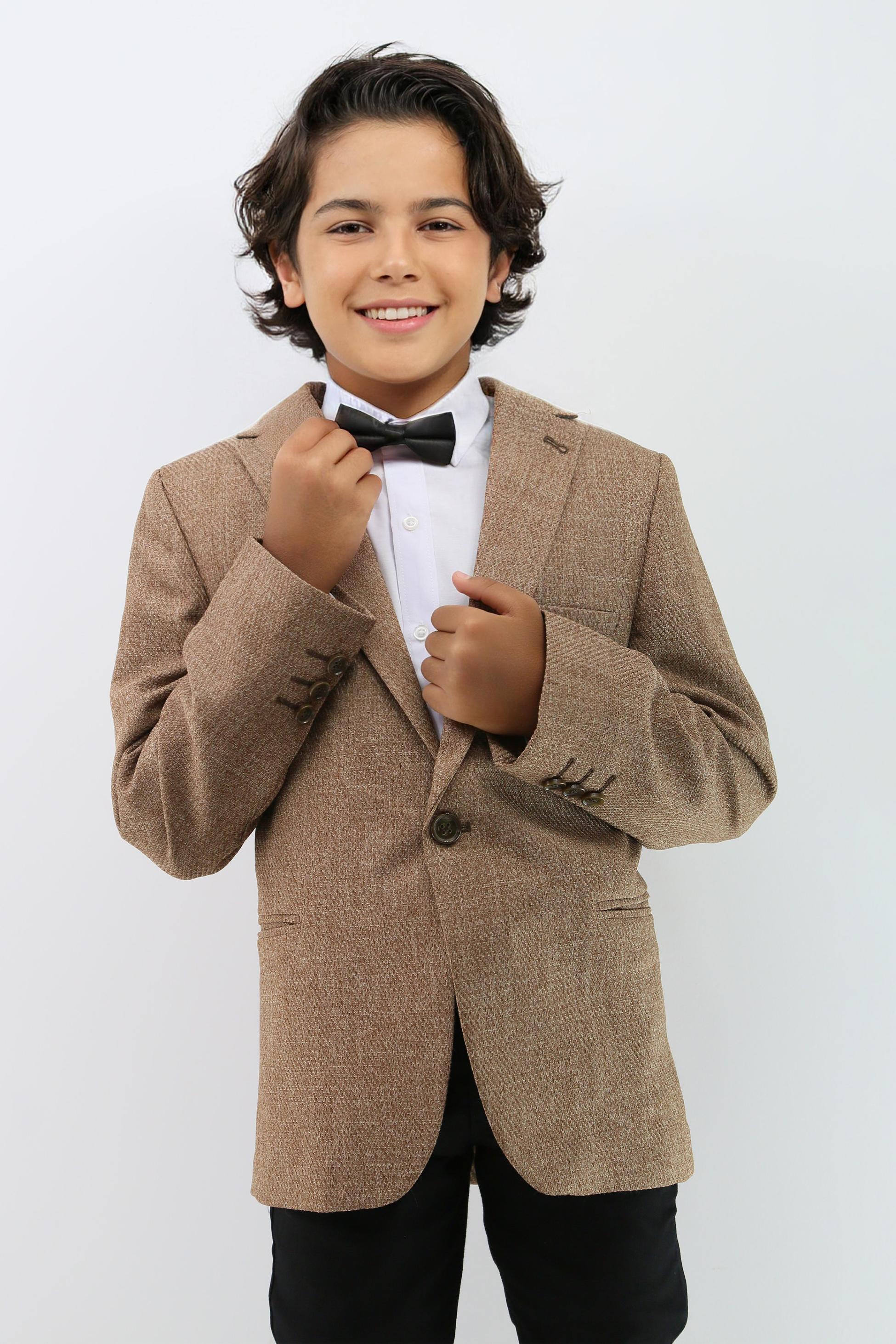 Boys Formal Textured Tweed Blazer - Mustard Brown