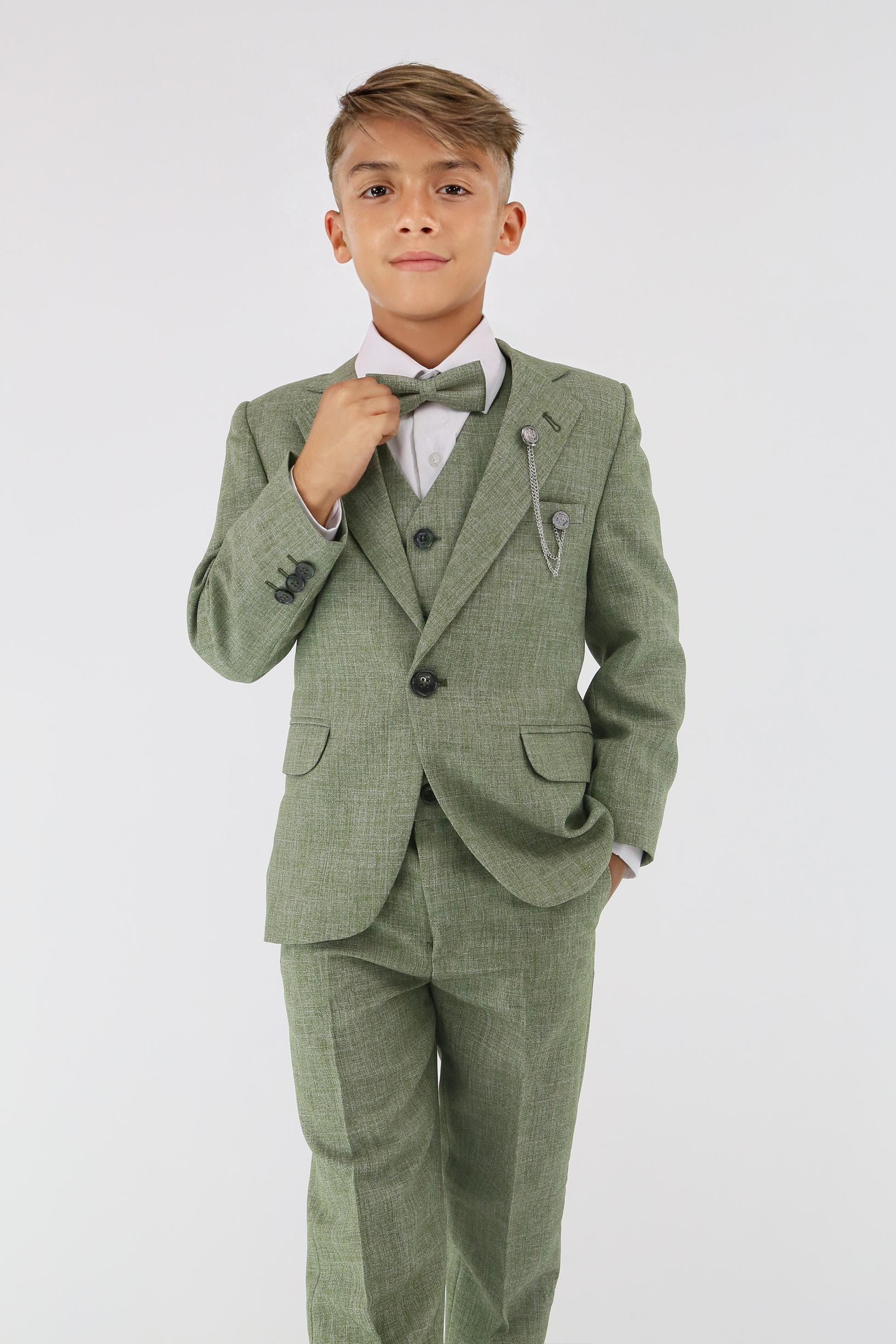 Boys Slim Fit Textured 8-Piece Formal Suit Set - Khaki Green