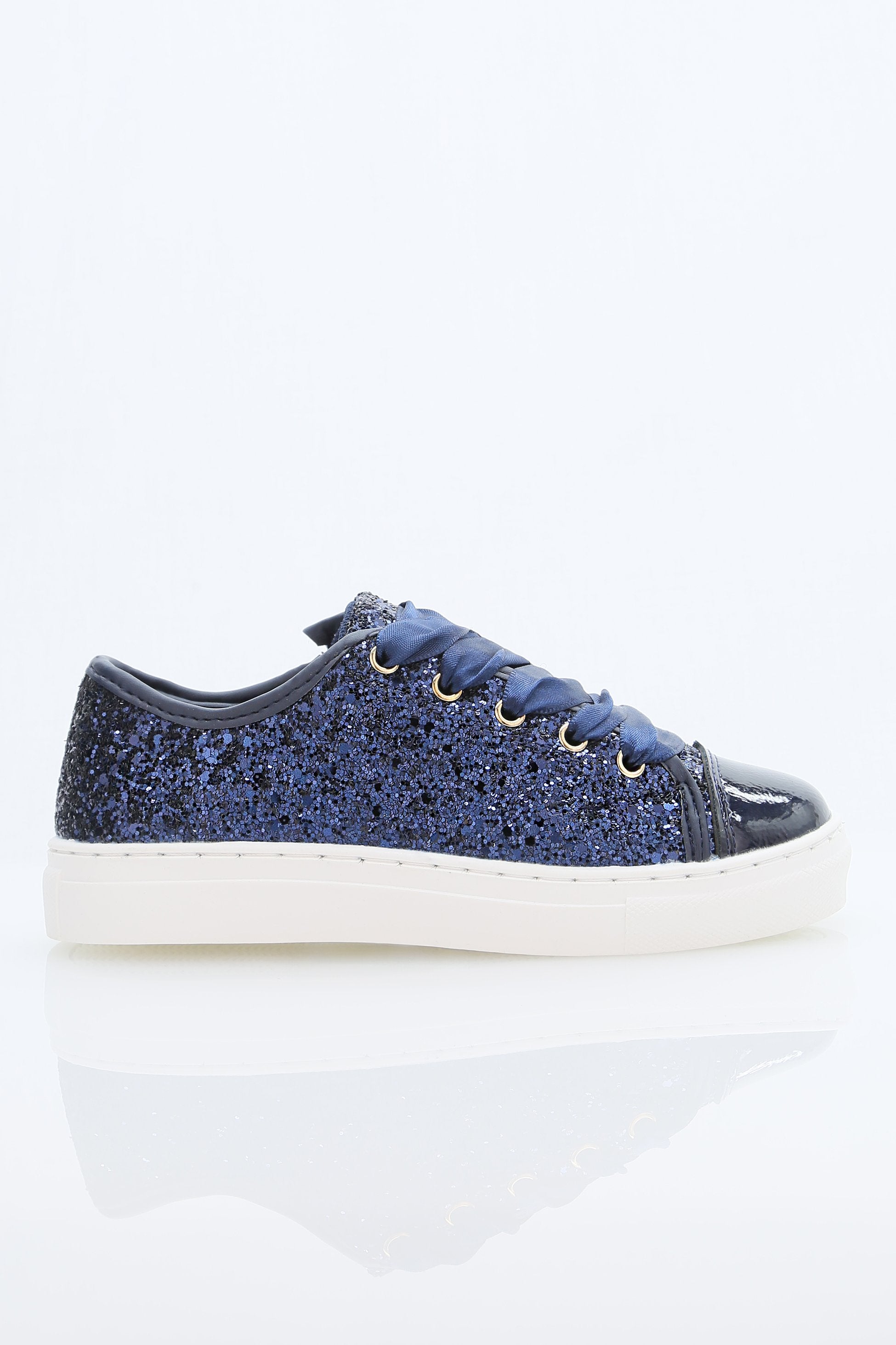 Girls' Glitter Sneakers with Satin Ribbon Laces – TRINITY - Navy Blue