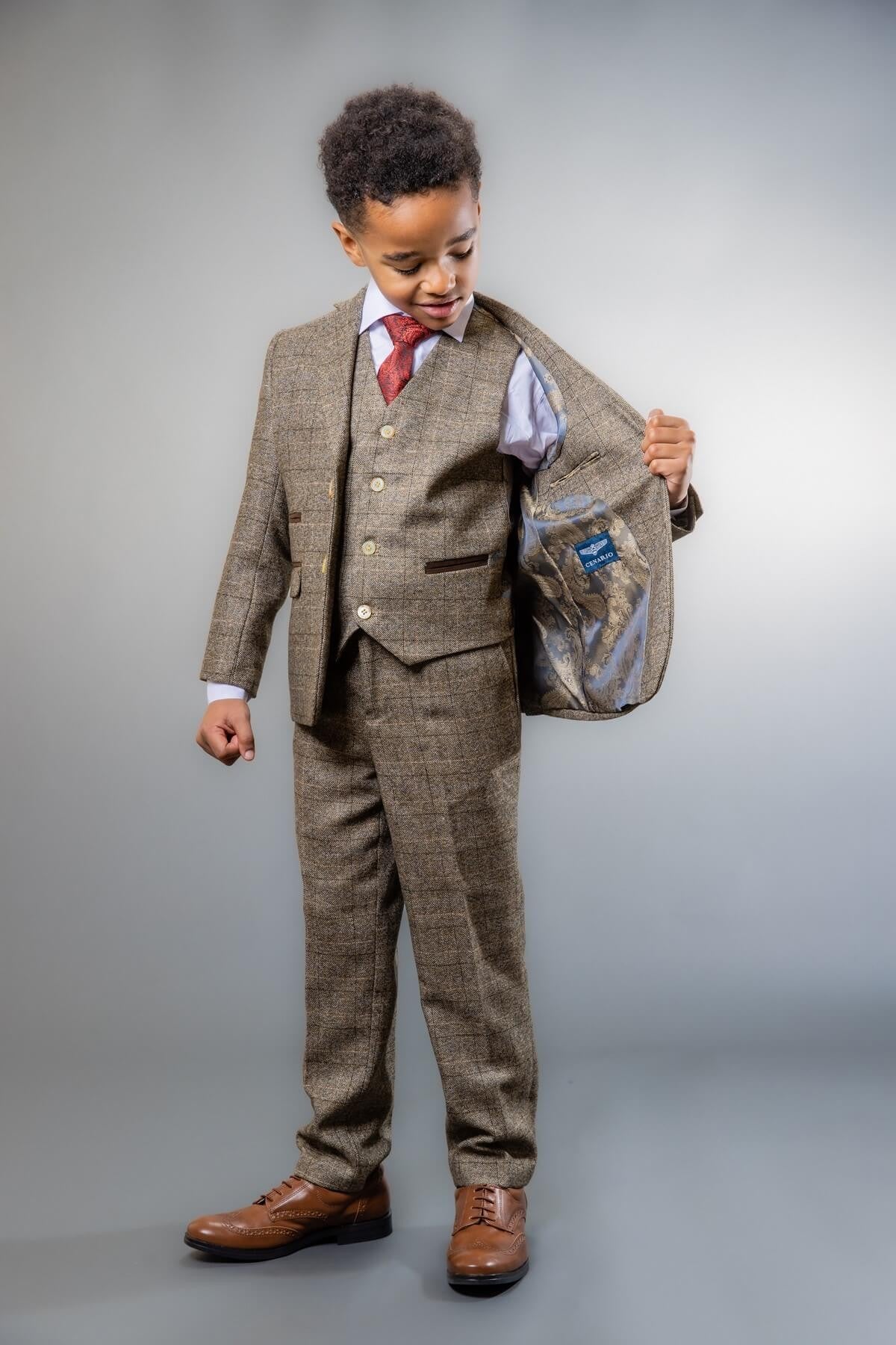 Boys Tweed Check Tailored Fit Beige Suit - LIAM - Beige