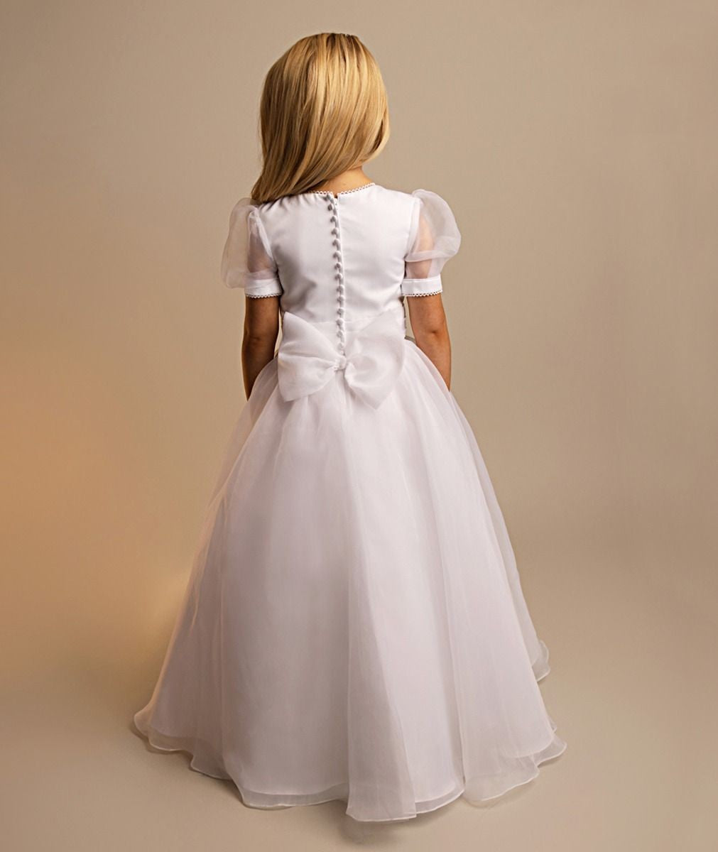 Girls' White Puff Sleeve Communion Dress with Tulle Skirt & Bow - Maryam - White