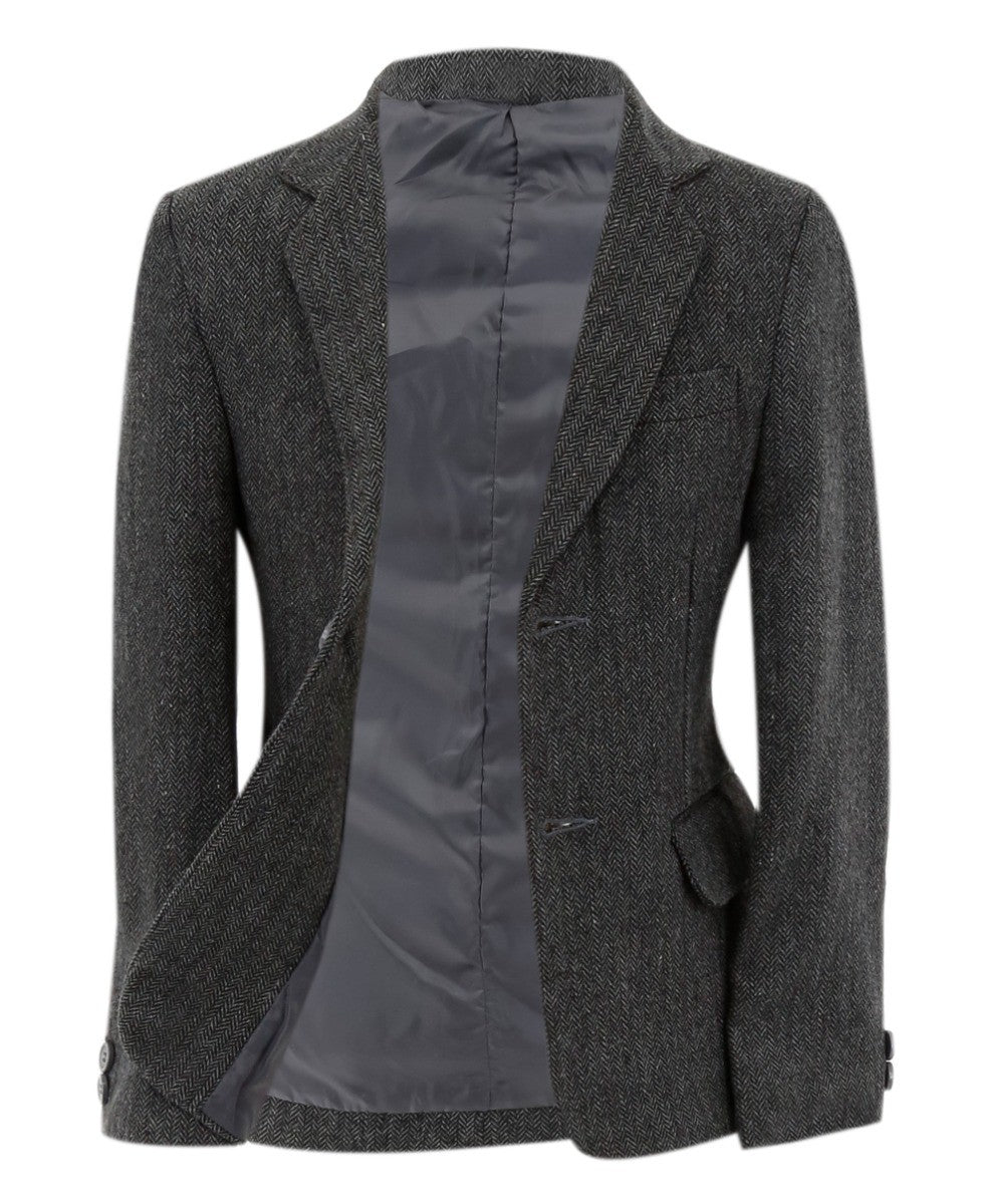 Boys Herringbone Tweed Formal Blazer - Dark Grey