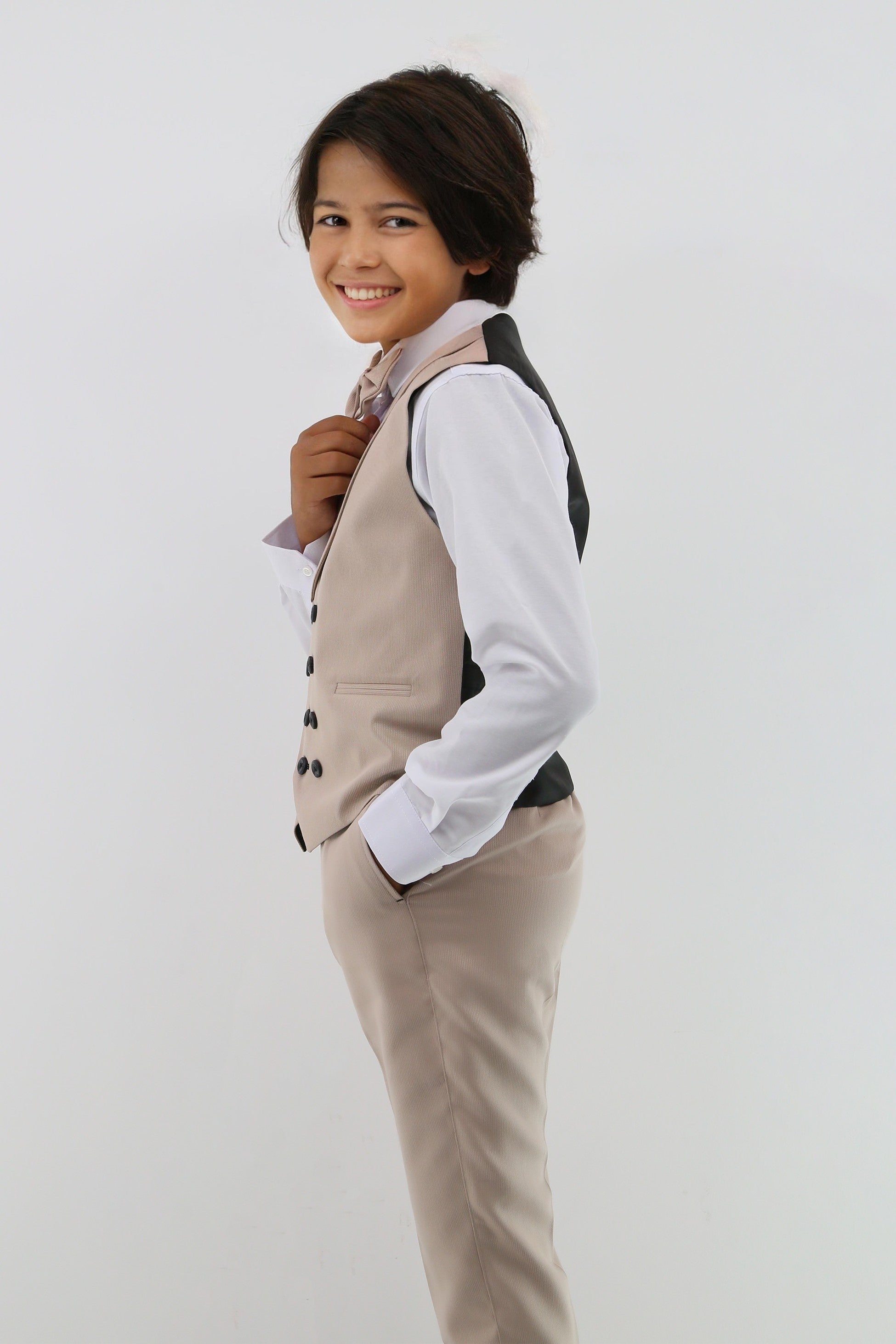 Boys Suit with Double Breasted Waistcoat 6 PC Set - Taupe Beige