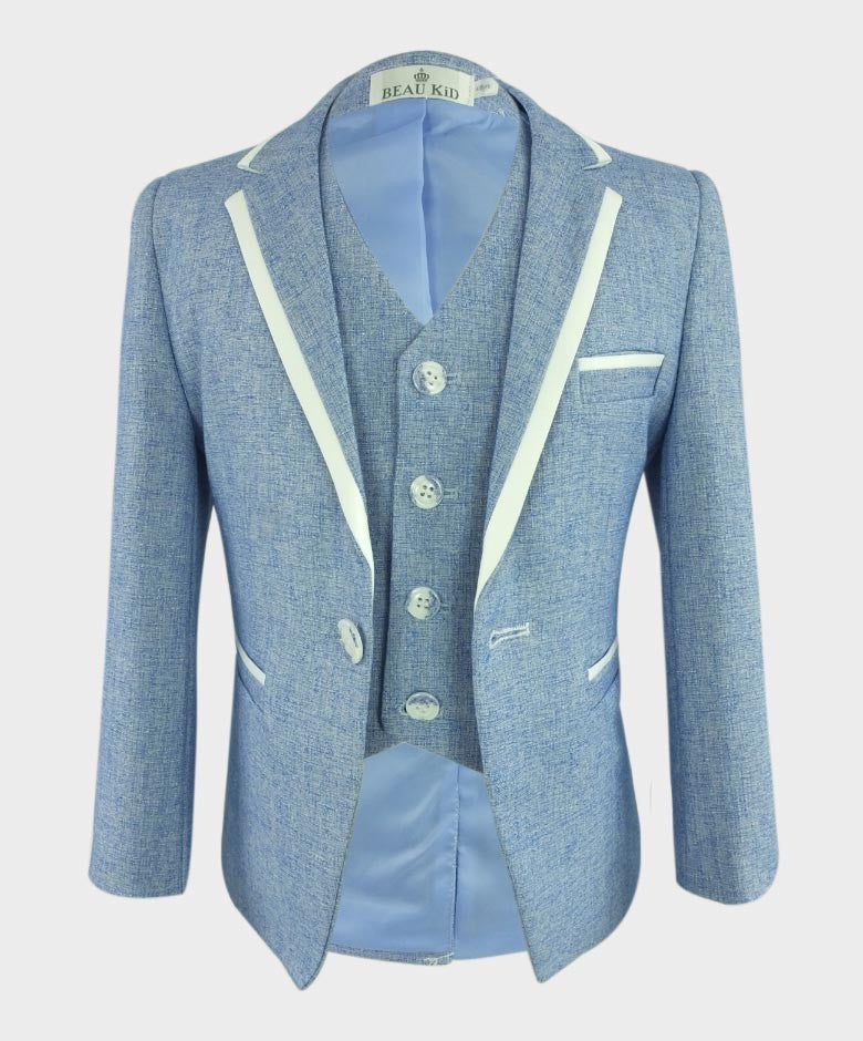 Boys Communion Piping Slim Fit Suit - Sky Blue