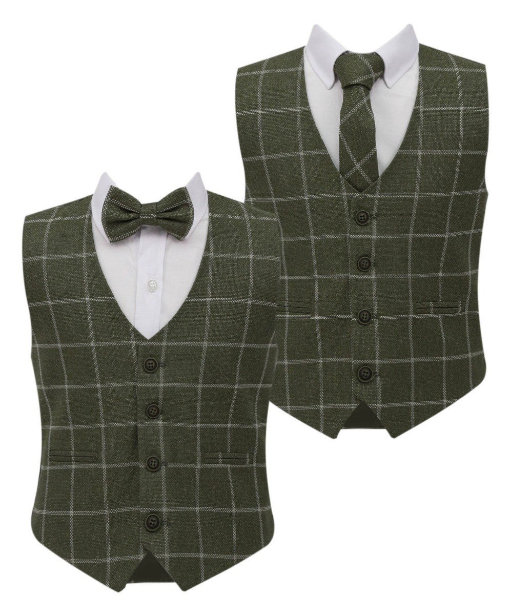 Boys Tweed Check Cotton Waistcoat Set - Sage Green