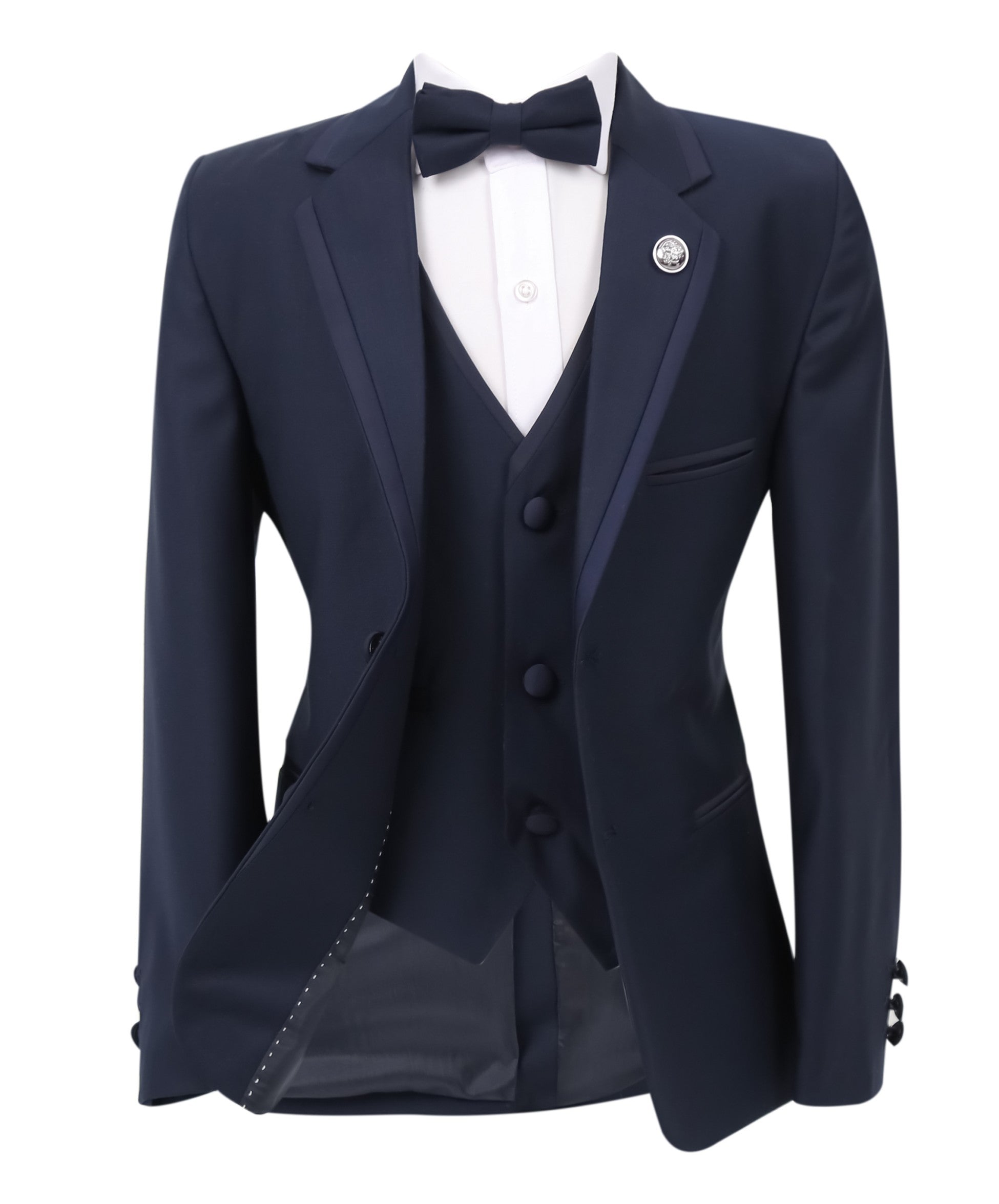 Boys Slim Fit  Piping Tuxedo Dinner Suit Set - Navy Blue