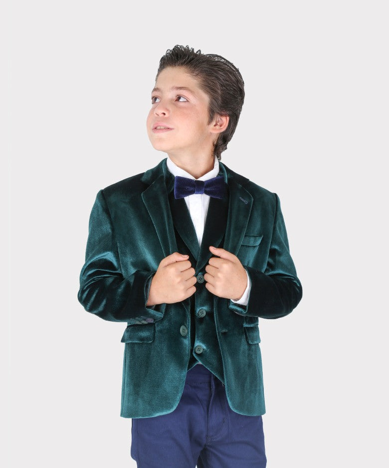 Boys Tailored Fit Velvet Blazer with Elbow Patches - Green