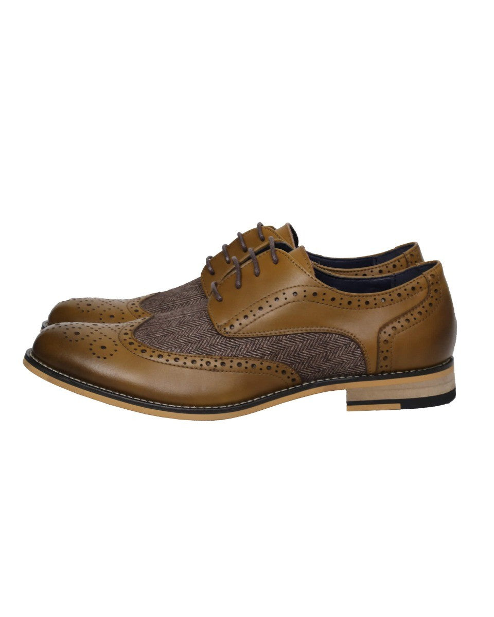 Men's Lace Up Tweed Leather Brogue Shoes - HORATIO - Tan Brown