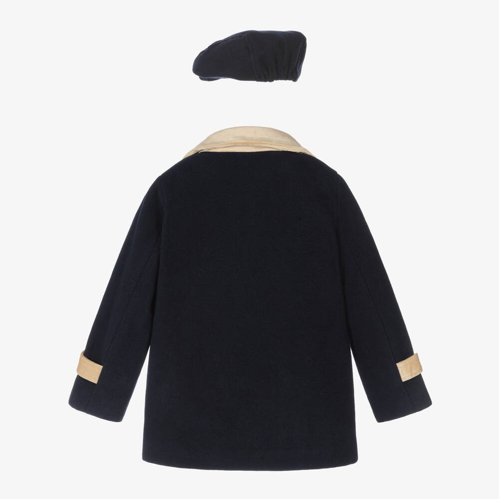 Boys Navy Blue Pea Coat & Cap - Navy Blue