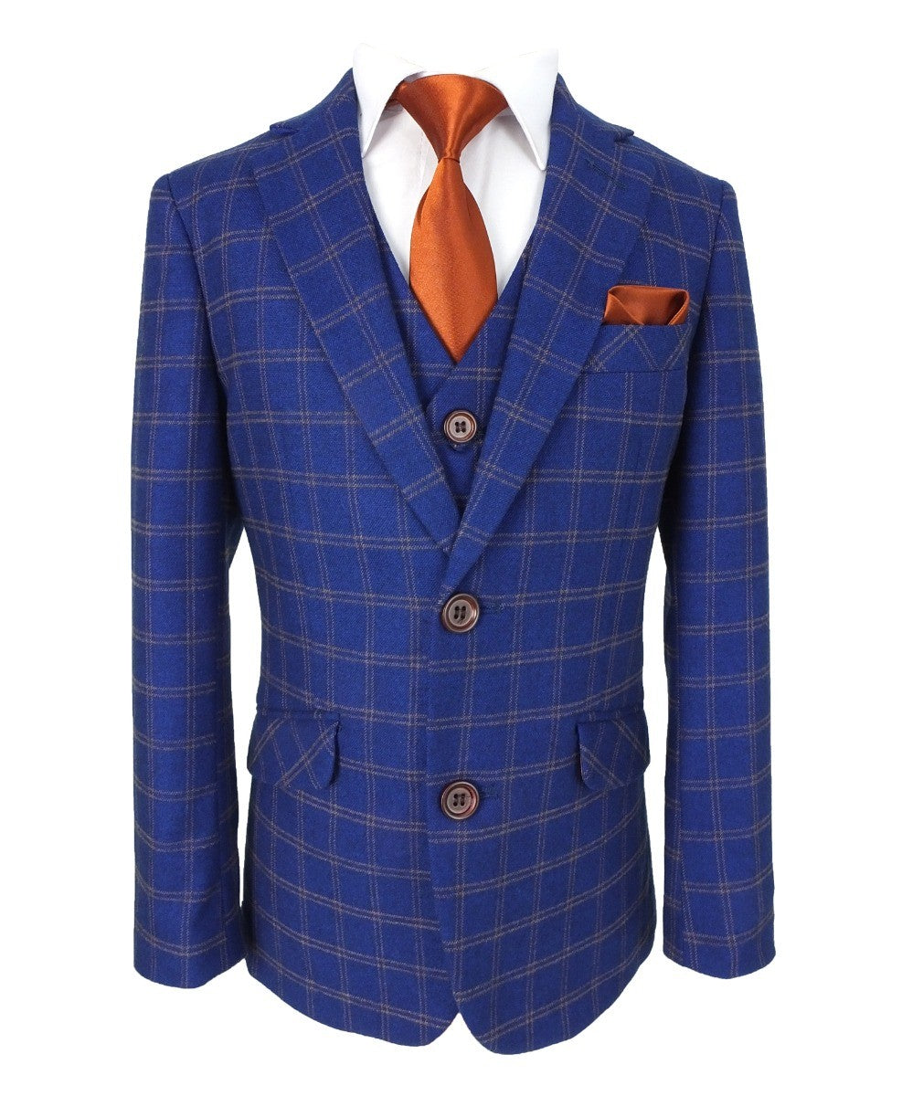 Boys Slim Fit Royal Blue Retro Check Suit - Royal Blue- Brown