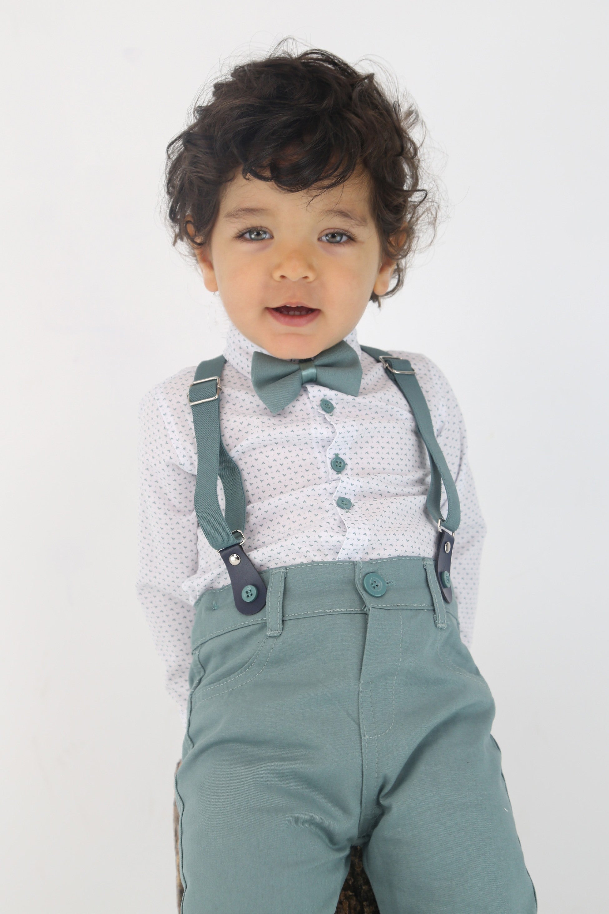 Baby Boys Gentleman Outfit - 4 PC Suspenders Pant Suit Set - BIRD - Green