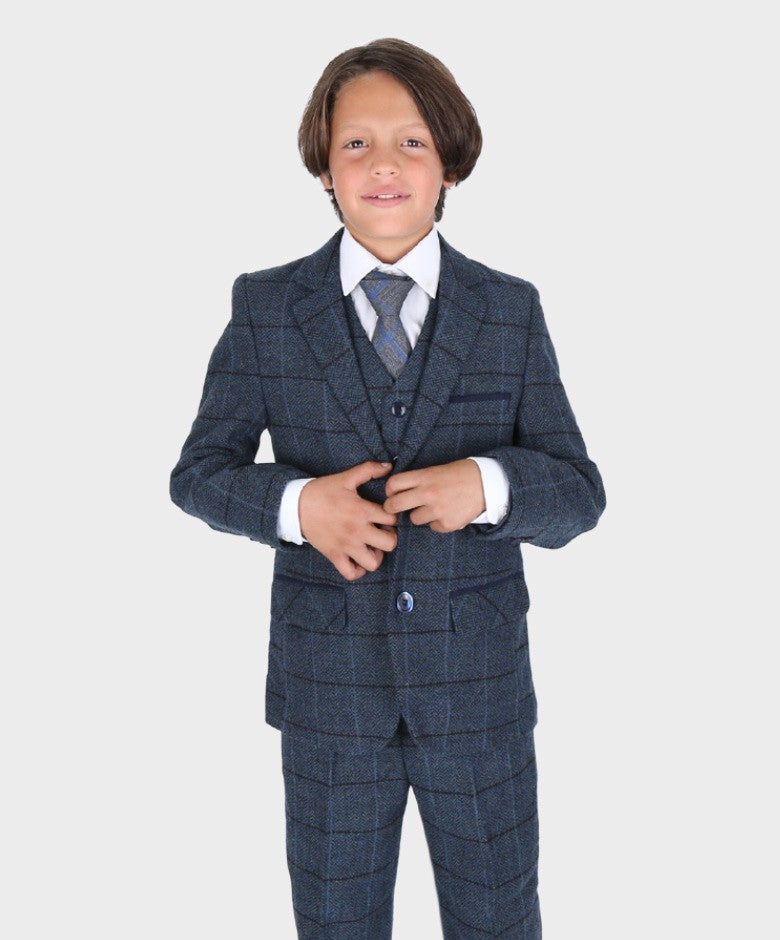 Boys Tailored Fit Herringbone Tweed Check Blue Suit - Blue