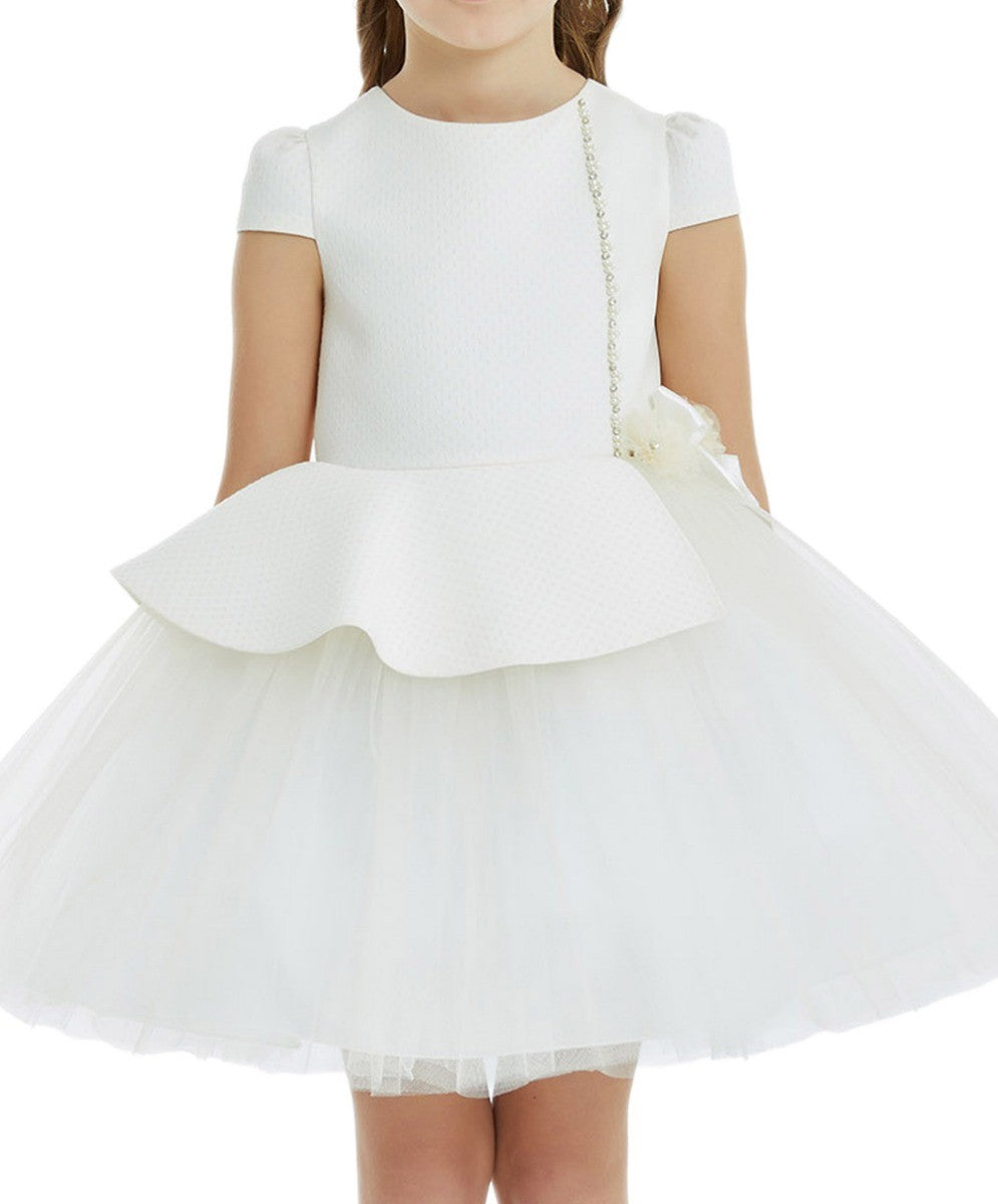 Girls Peplum Short Sleeve Dress - Ecru