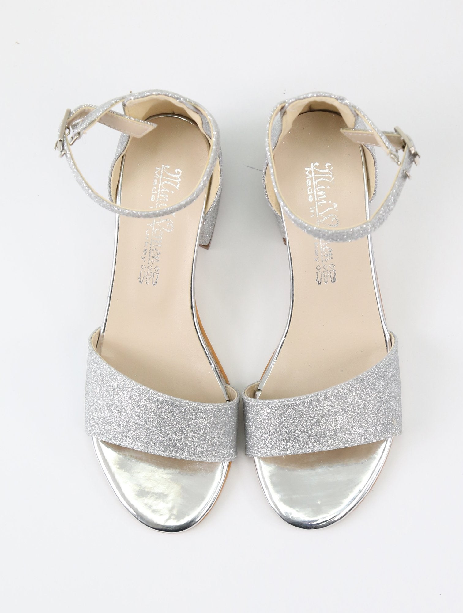 Girls Ankle-Strap Block Heel Sandals - SPARKLE - Silver