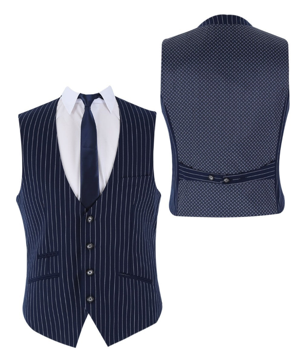 Men's Tailored Fit Pinstripe Navy Suit - MASON - Navy Blue