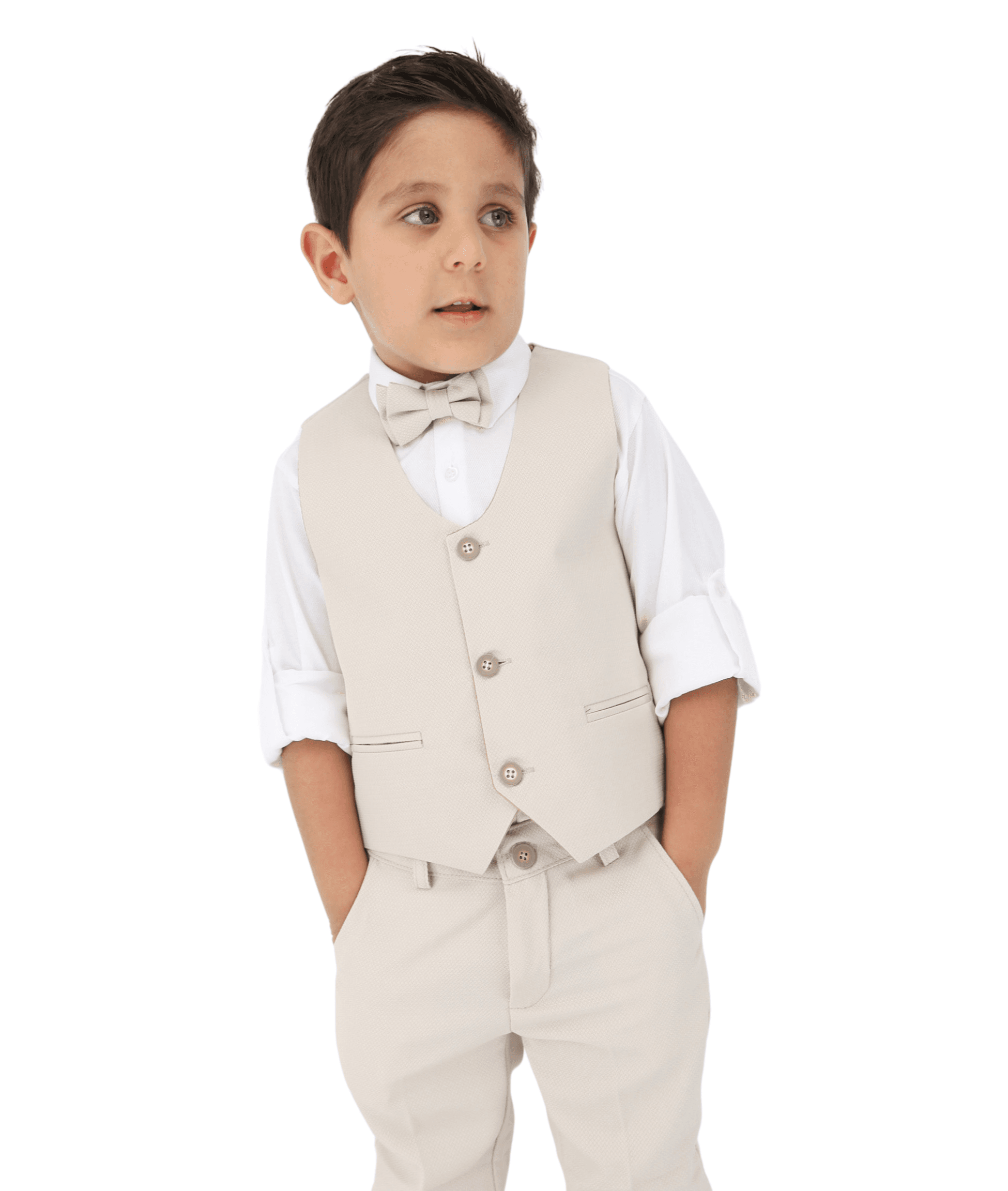 Boys' Slim Fit Textured Waistcoat Suit Set, Formal Outfit - Beige