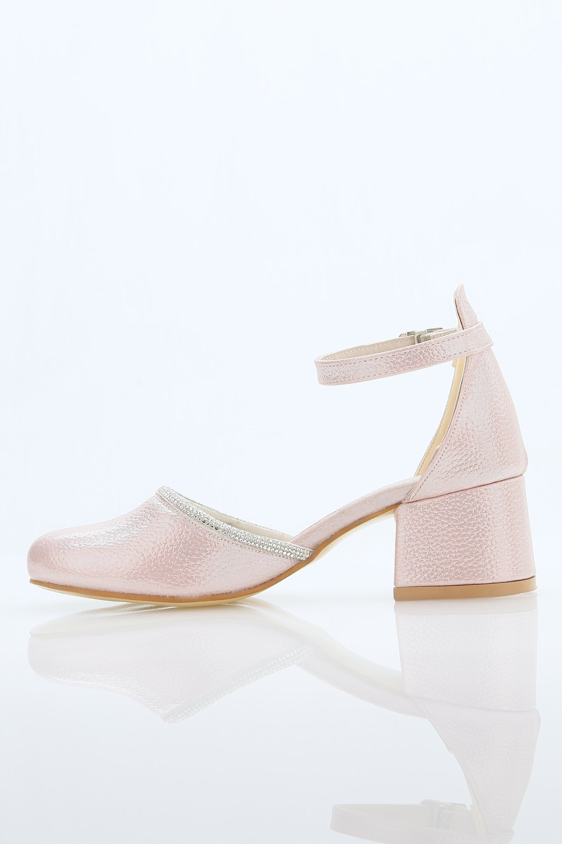 Girls' Ankle Strap Textured Block Heel Shoes – JEWEL - Pink