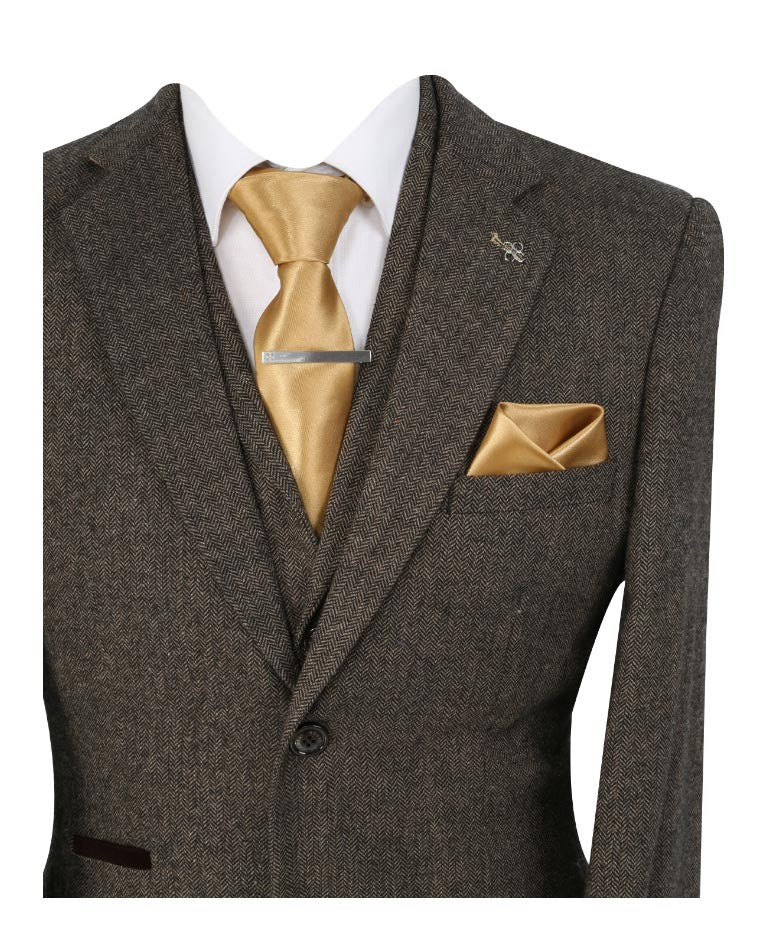 Men's Herringbone Tweed Slim Fit Formal Suit - MARTEZ - Brown