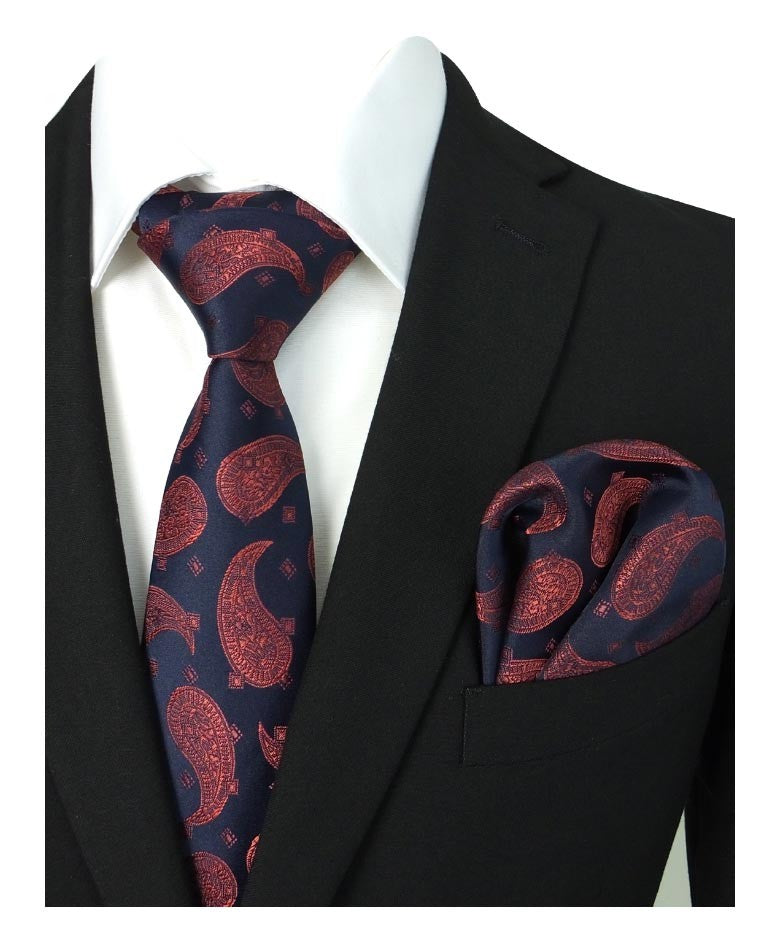 Boys & Men's Paisley Swirls Formal Tie & Hanky Set - Navy- Red