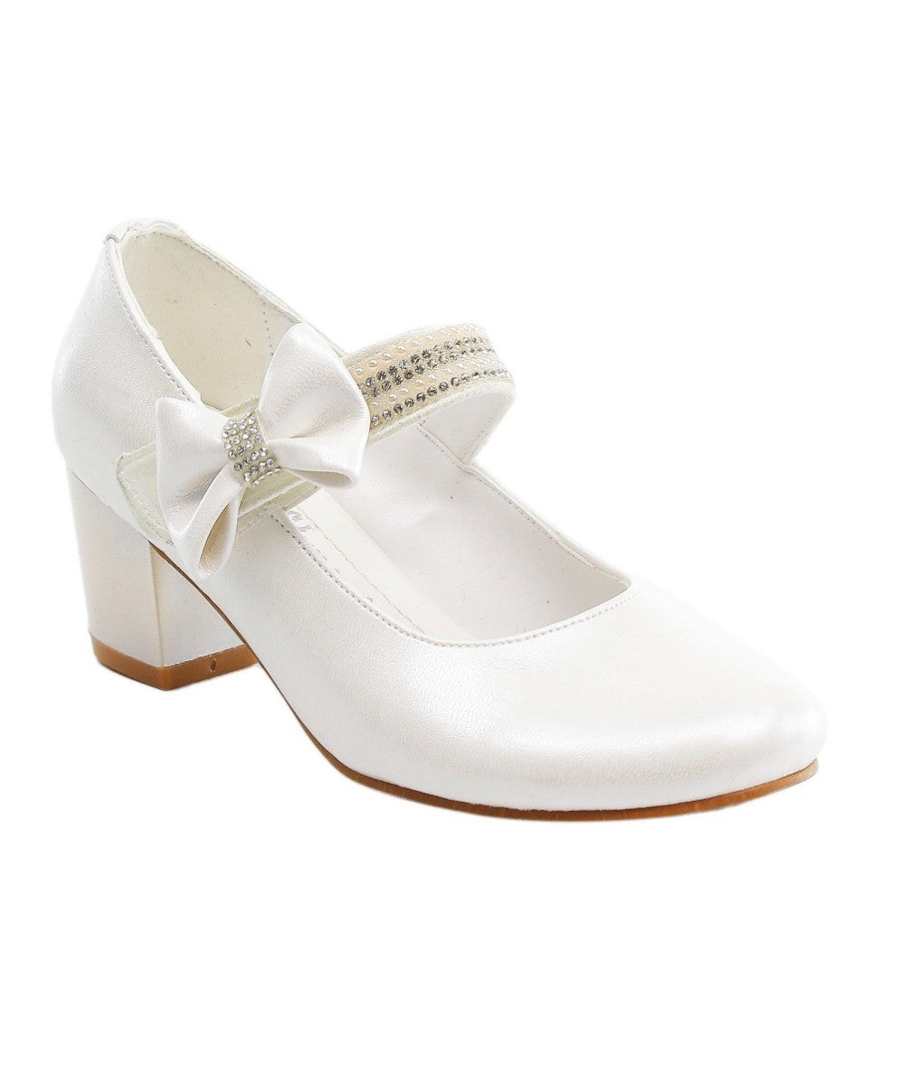 Girls Mary Jane Block Heel Communion Dress Shoes - Pearl White