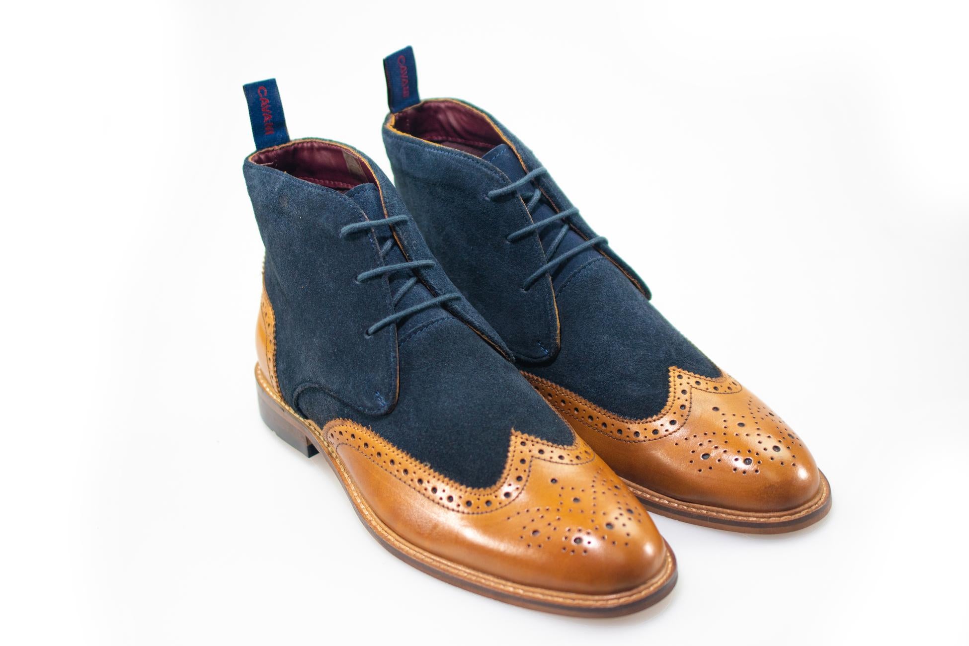 Men's Suede & Leather Brogue Boots - CONNICK - Navy Blue - Tan Brown