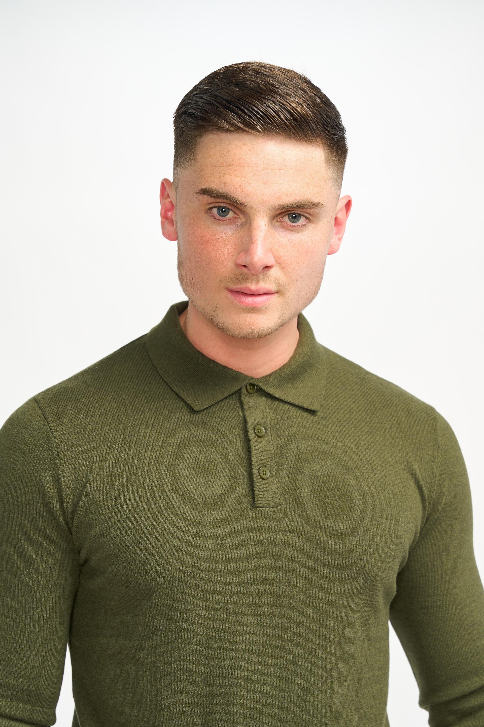 Men’s Wool Knit Long Sleeve Polo Shirt - Boom - Olive Green