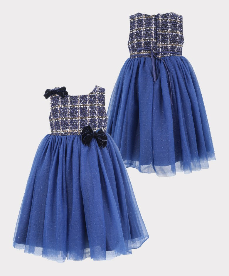 Girls Navy Blue Tweed Puffy Dress - Navy Blue