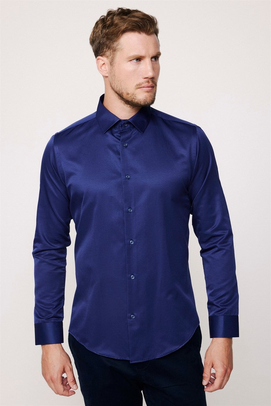 Men's Slim Fit Button-Down Cotton Blend Dress Shirt - Dimi Dotti - Night Blue