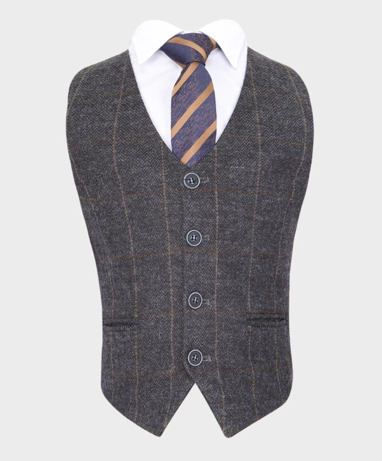 Boys Tailored Fit Windowpane Check Suit - Dark Grey