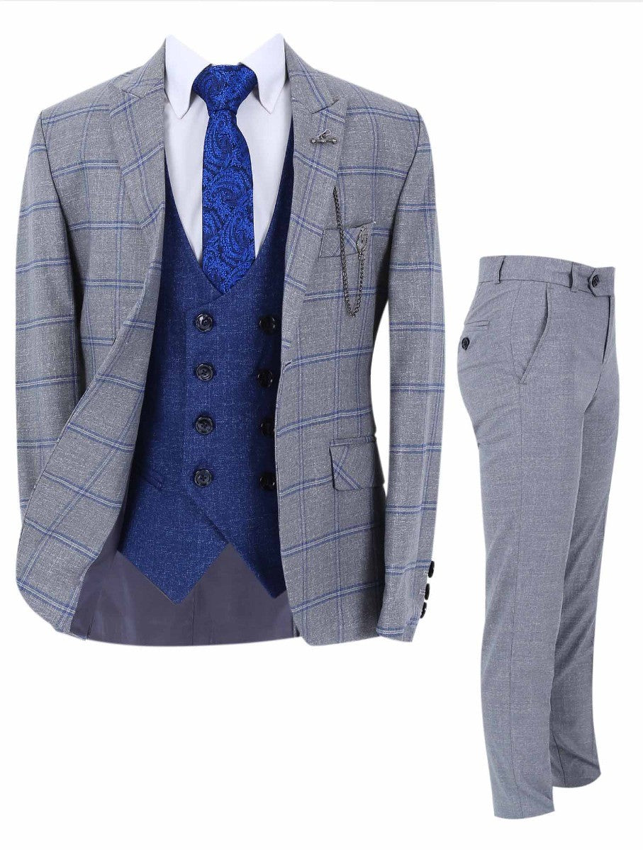 Boys Windowpane Check Slim Fit Suit Set - Light Grey