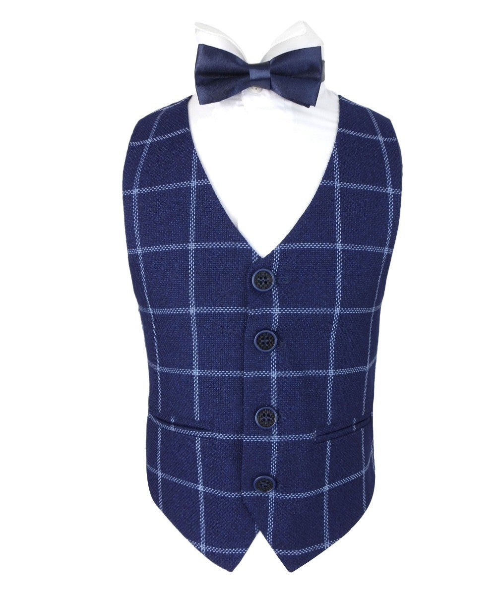 Boys Retro Windowpane Tailored Fit Check Suit - Navy Blue