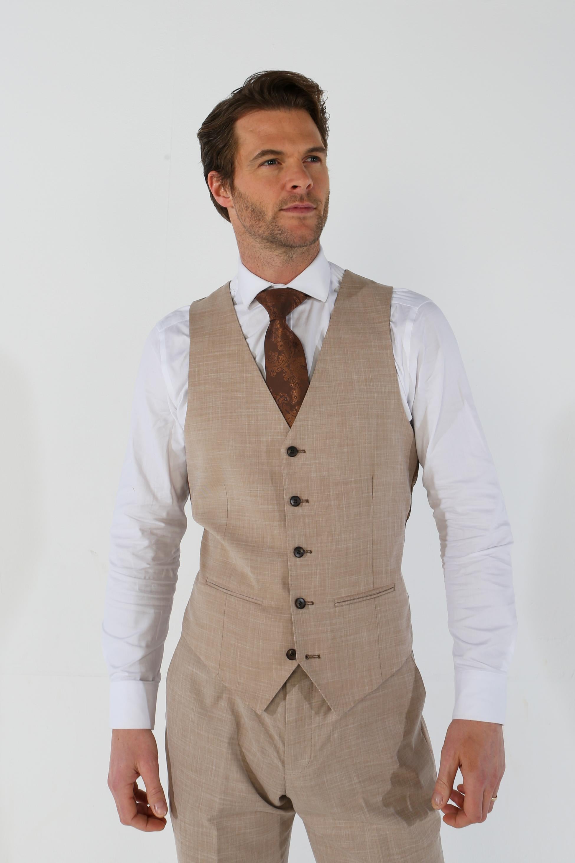 Men's Tailored Fit Plaid Formal Suit - KURT - Beige