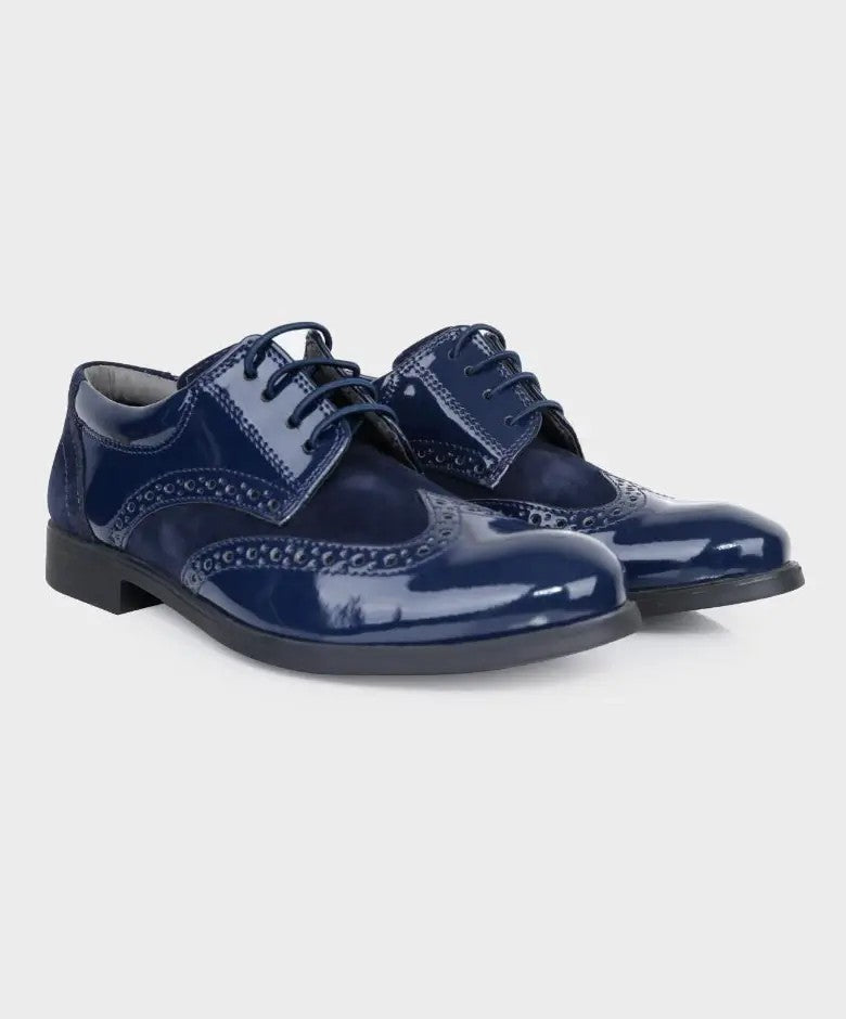 Boys Patent Leather & Suede Lace Up Brogue Derby Shoes - Navy Blue