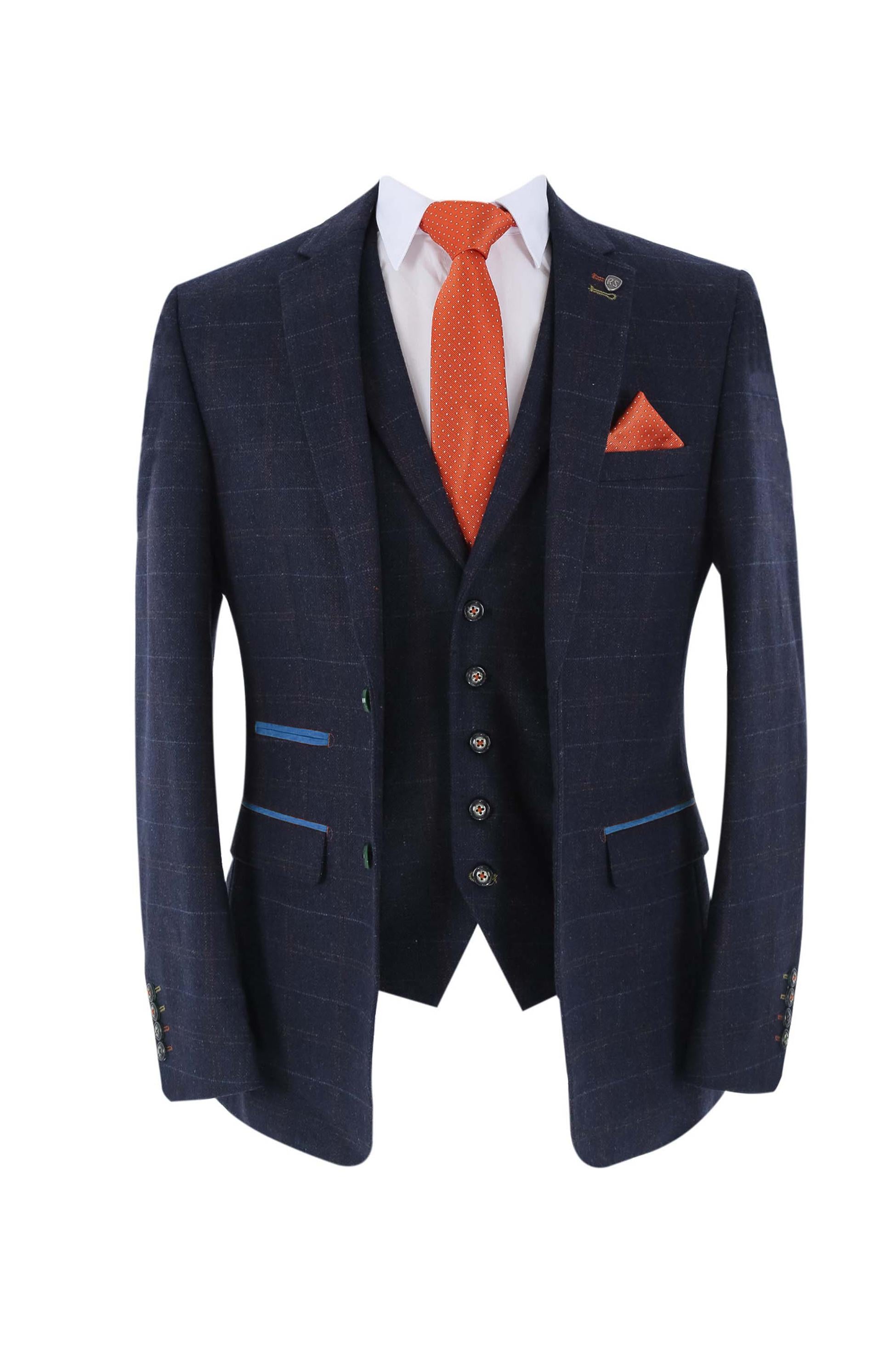 Men's Tweed Windowpane Tailored Fit Navy Suit Jacket  - RYAN - Navy Blue