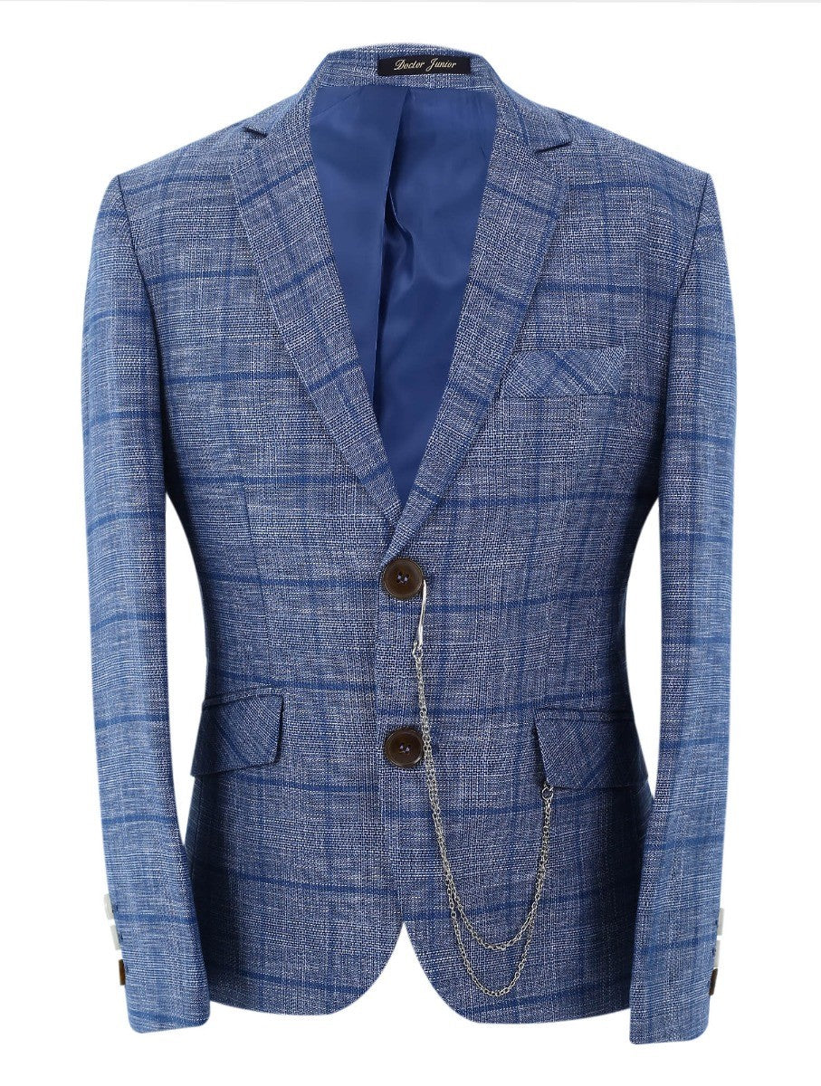 Boys Slim Fit Windowpane Check Suit - Blue