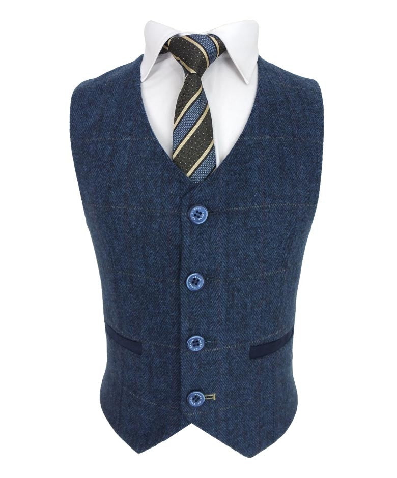 Boys Slim Fit Herringbone Tweed Blue Suit - CARNEGI - Navy Blue