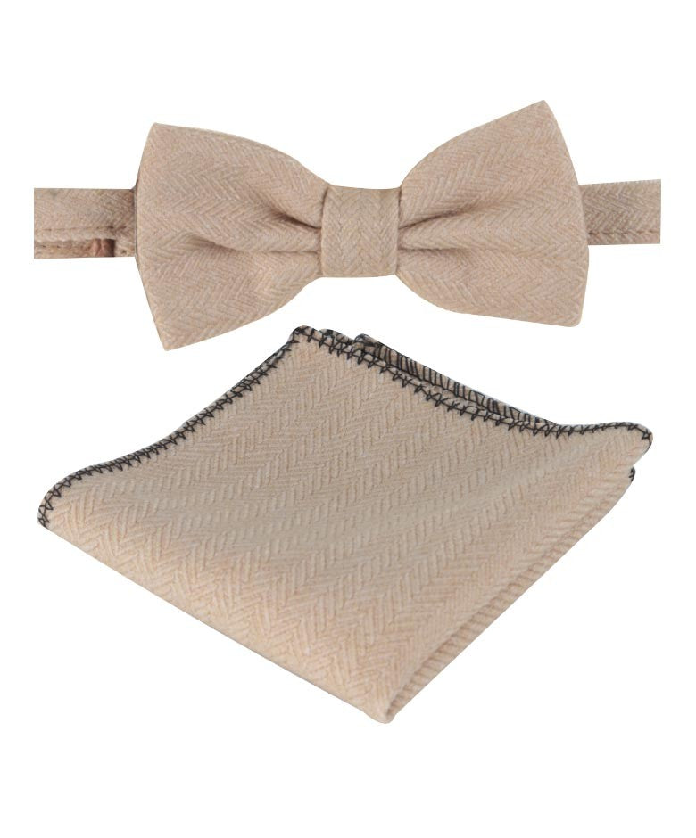 Boys & Men's Herringbone Tweed Bow Tie and Pocket Square - Beige