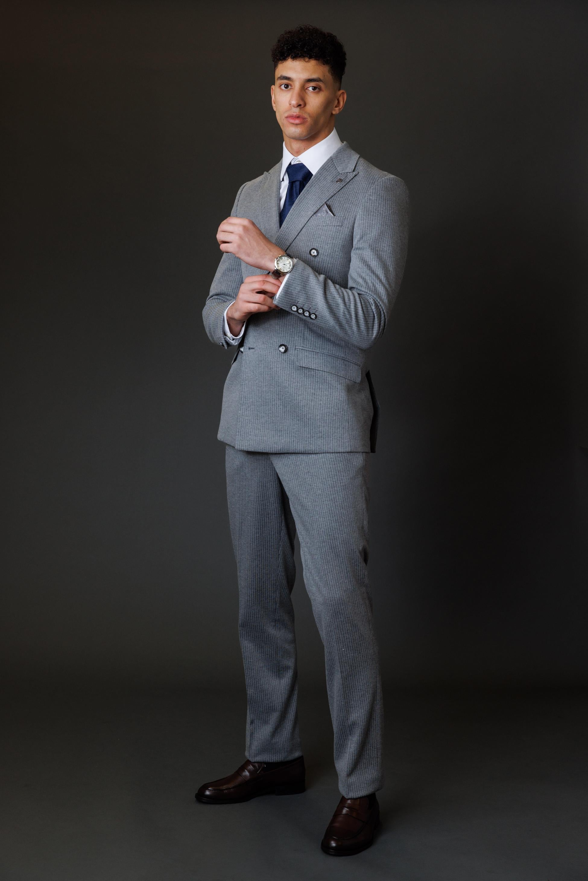 Men's Double Breasted Pinstripe Suit - JAYCE Grey - Grey